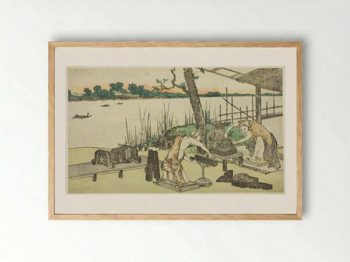 Potters at Work - Imado - Katsushika Hokusai - Framed Print Wood