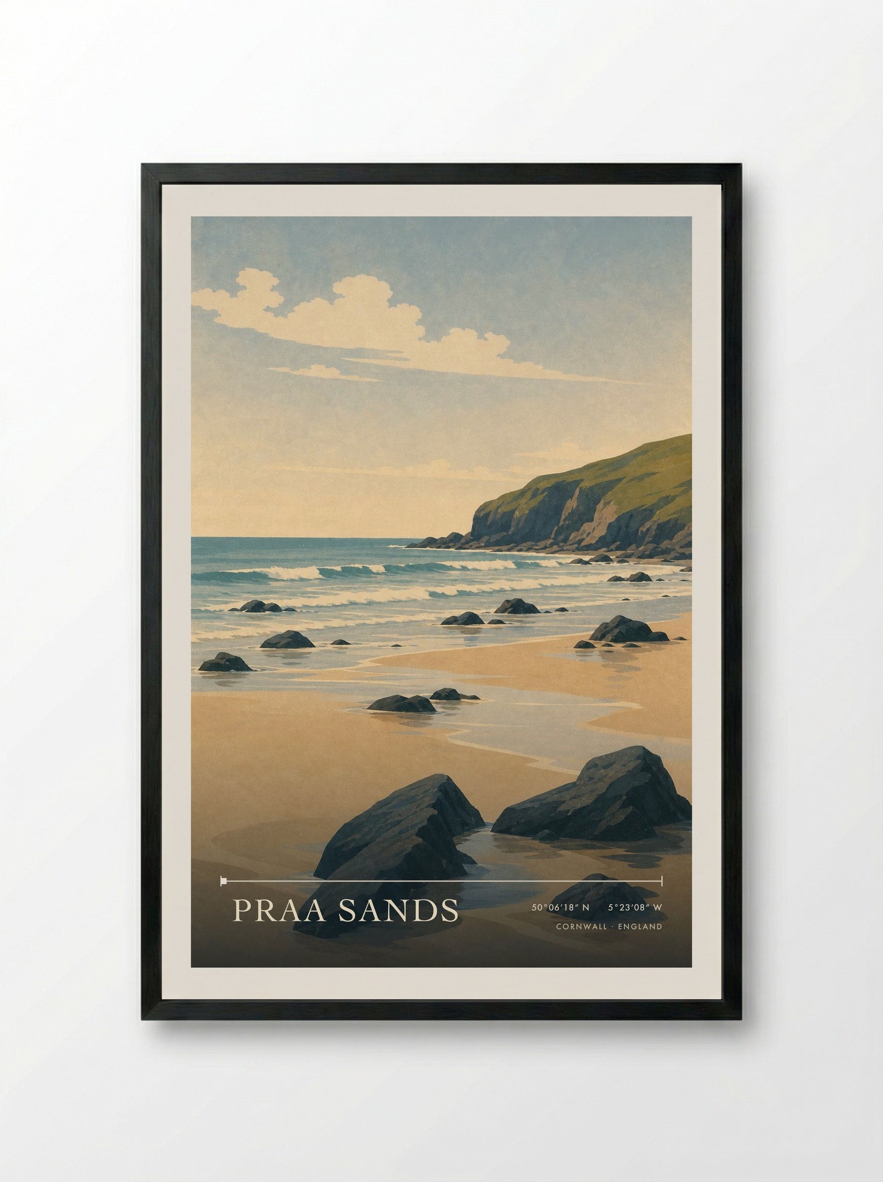 Praa Sands Cornwall England Travel Poster - Framed Print Black