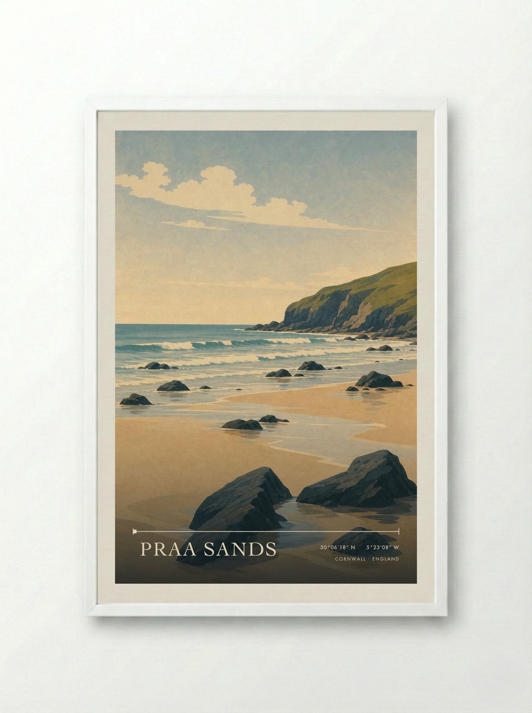 Praa Sands Cornwall England Travel Poster - Framed Print White