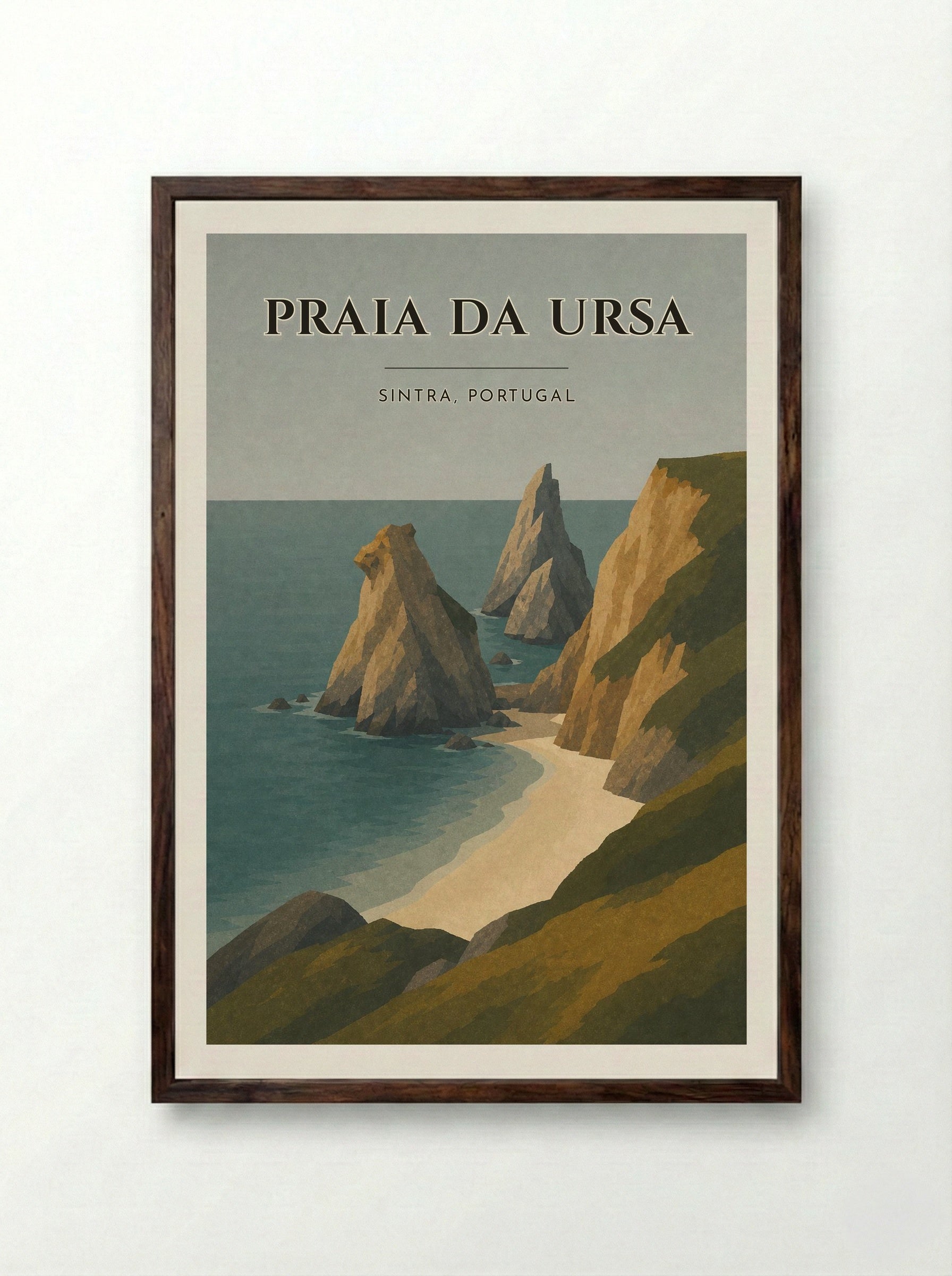 Praia da Ursa Travel Poster Artwork - Framed Print Dark Wood