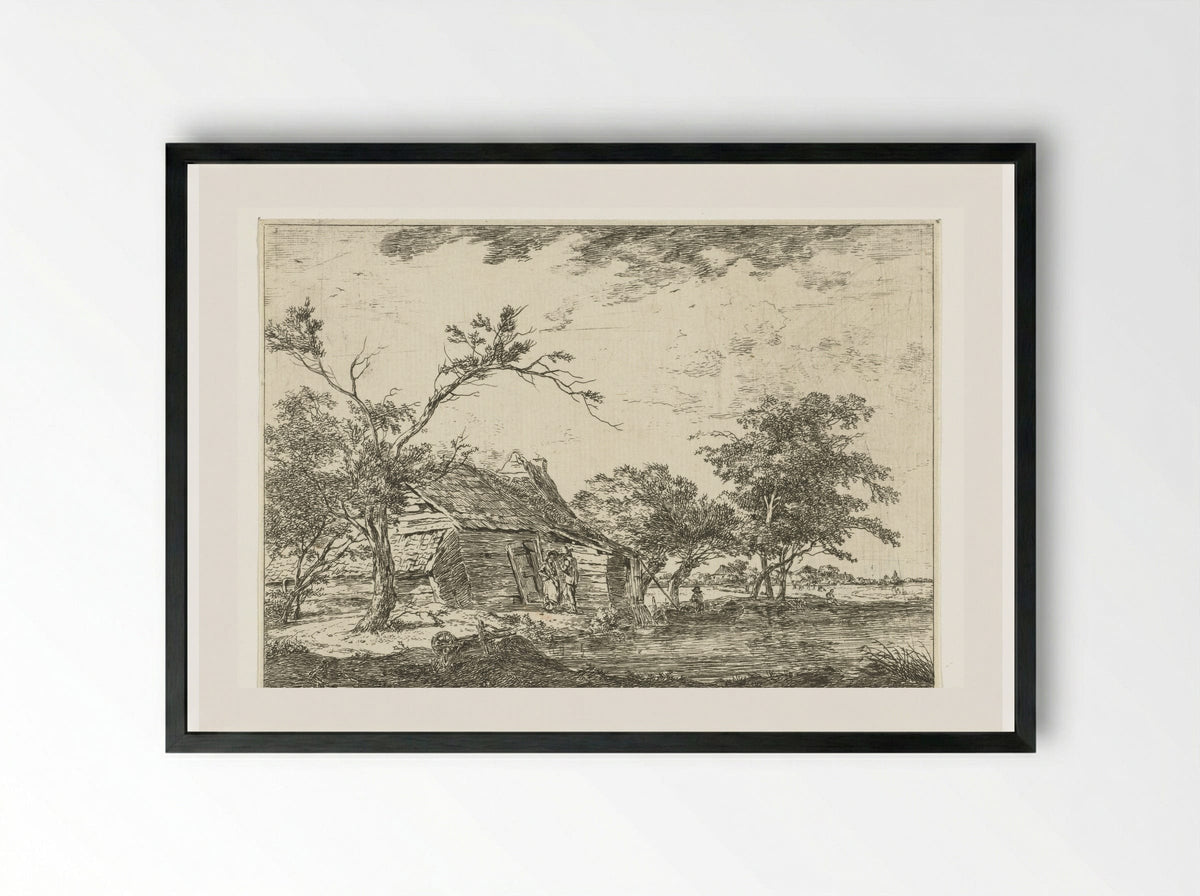 Pratend stel bij boerderij aan waterkant - Hermanus van Brussel - Framed Print Black