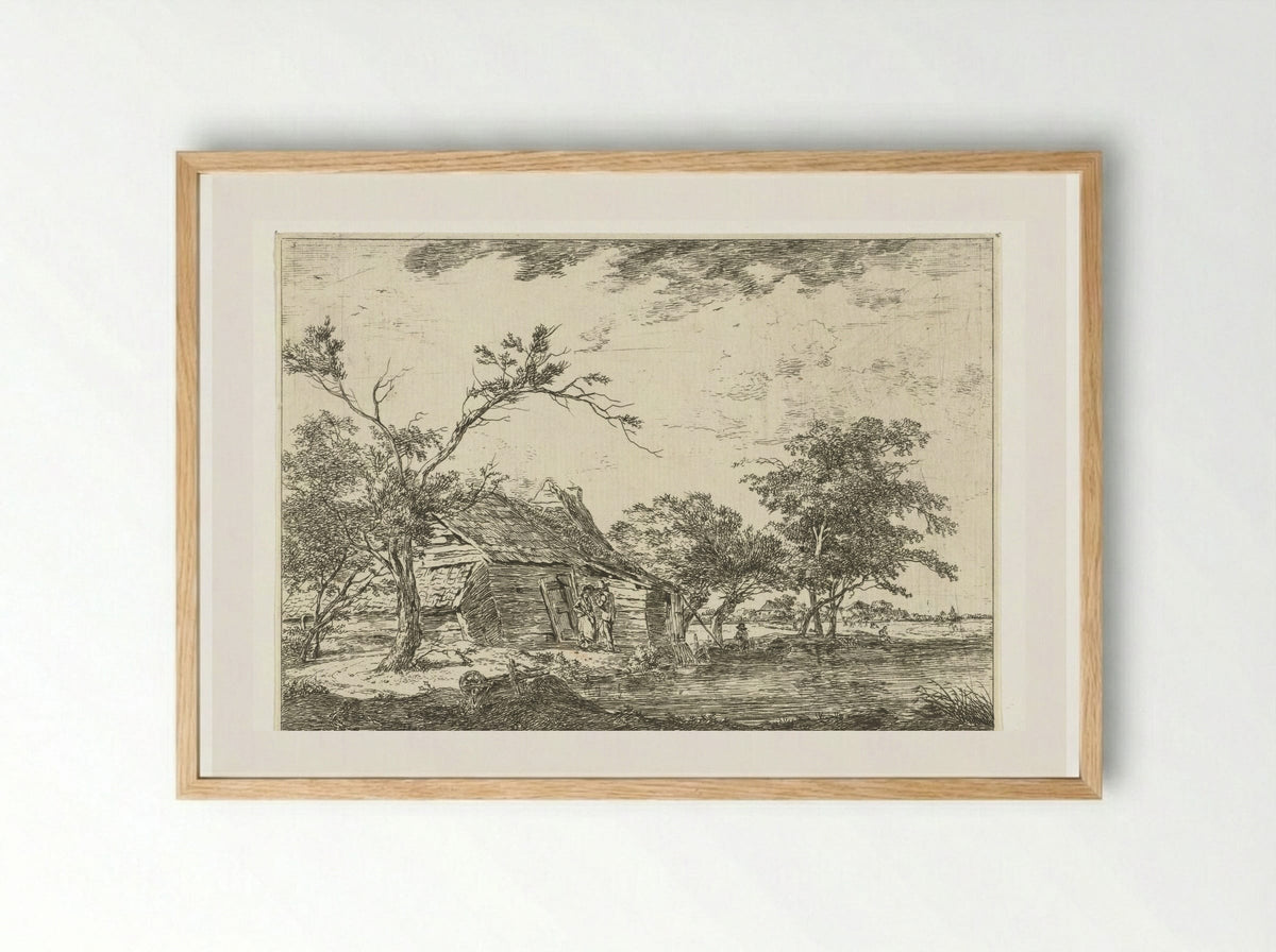Pratend stel bij boerderij aan waterkant - Hermanus van Brussel - Framed Print Wood