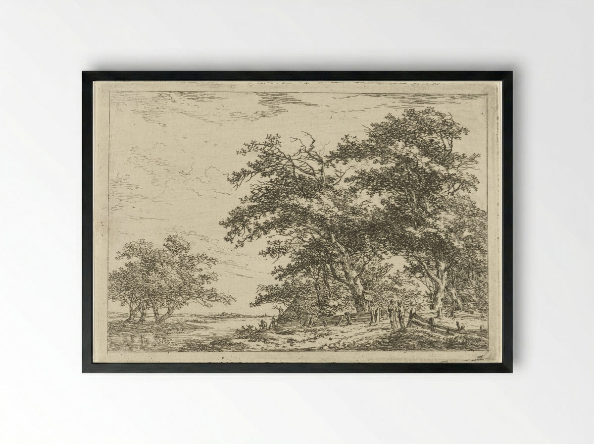 Pratende mannen bij hek aan bosrand - Hermanus van Brussel - Framed Print Black