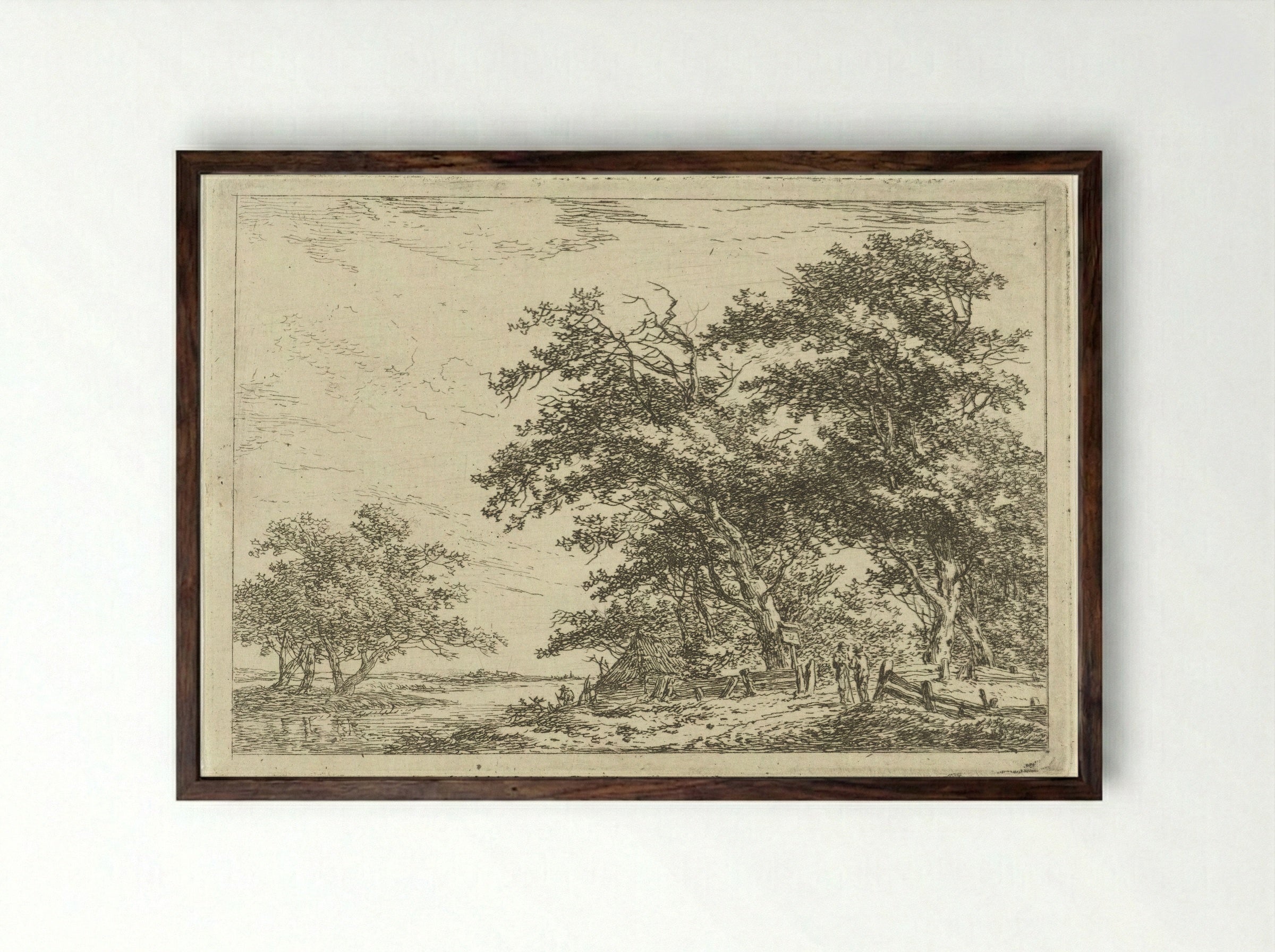 Pratende mannen bij hek aan bosrand - Hermanus van Brussel - Framed Print Dark Wood
