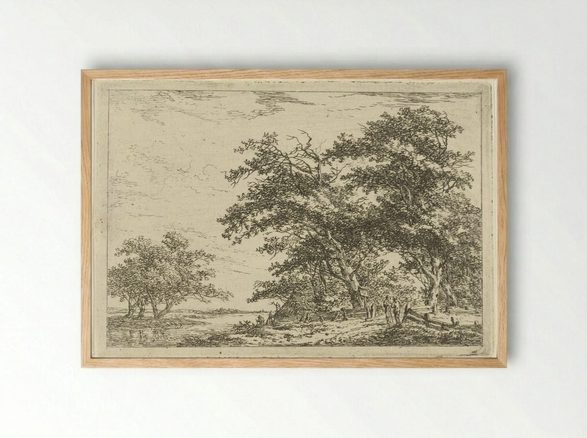 Pratende mannen bij hek aan bosrand - Hermanus van Brussel - Framed Print Wood