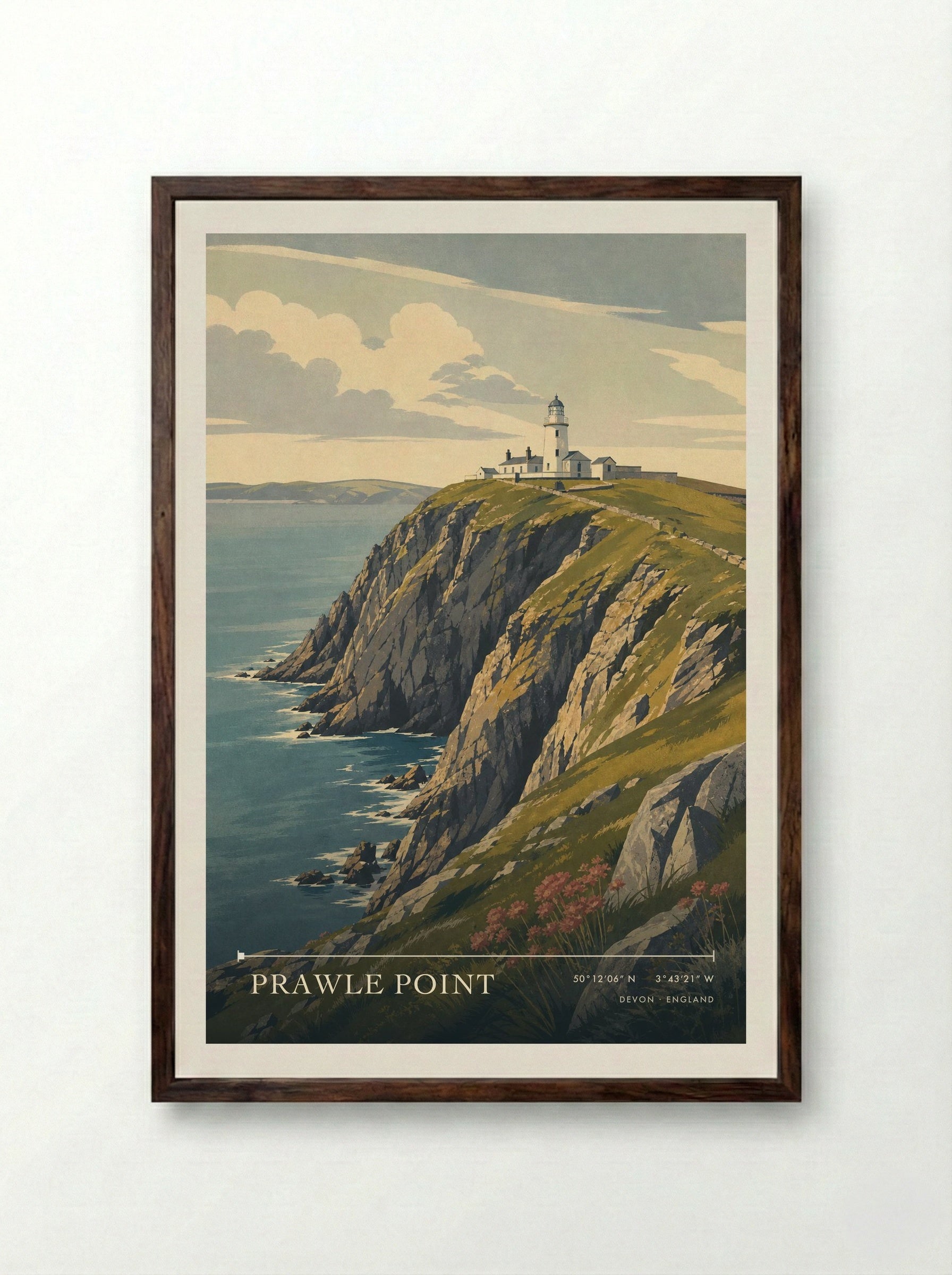 Prawle Point Devon England Travel Poster - Framed Print Dark Wood