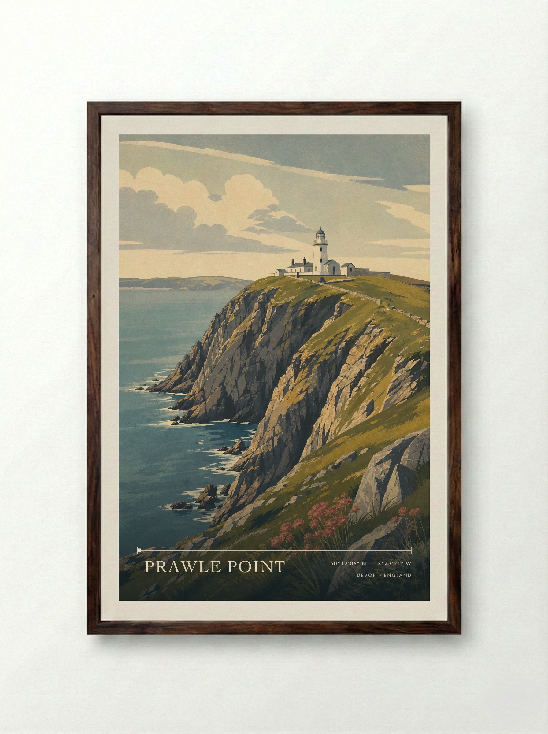 Prawle Point Devon England Travel Poster - Framed Print Dark Wood