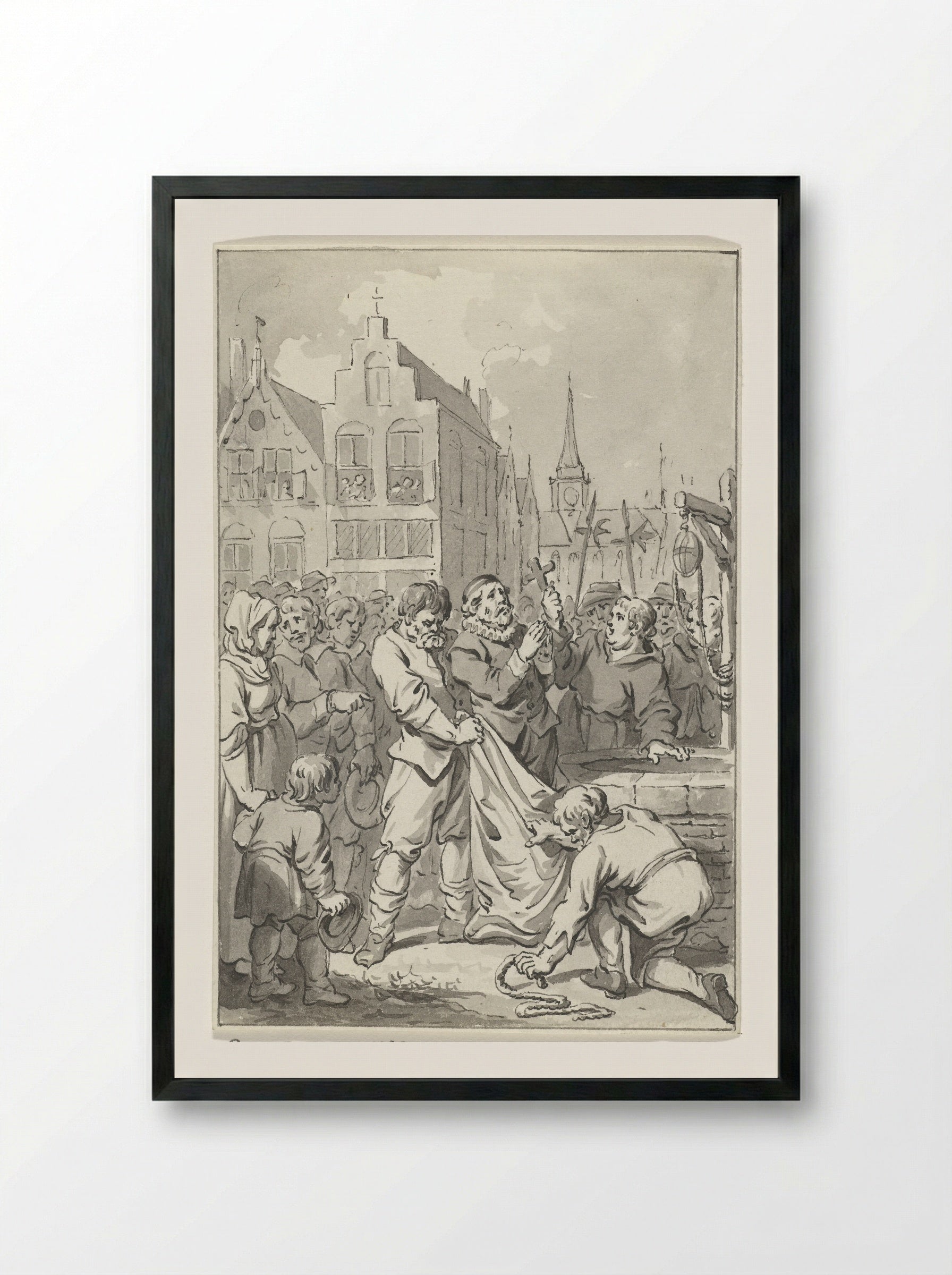 Predikant Johannes Florianus te Brussel als ketter in een zak gebonden en in een put geworpen, 1585 - Jacobus Buys - Framed Print Black