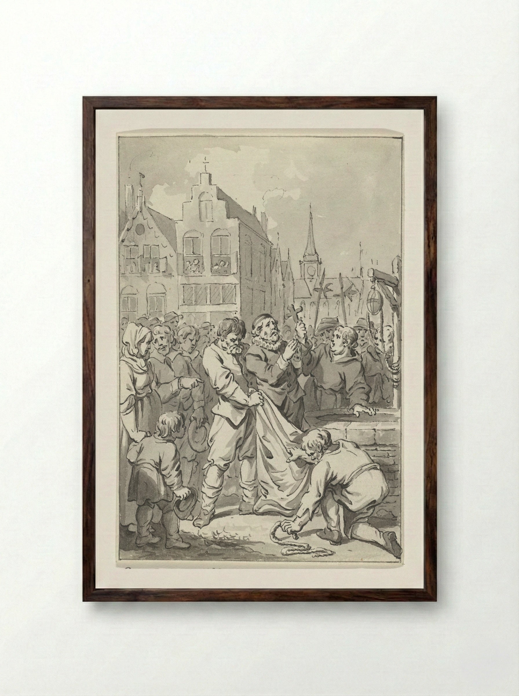 Predikant Johannes Florianus te Brussel als ketter in een zak gebonden en in een put geworpen, 1585 - Jacobus Buys - Framed Print Dark Wood