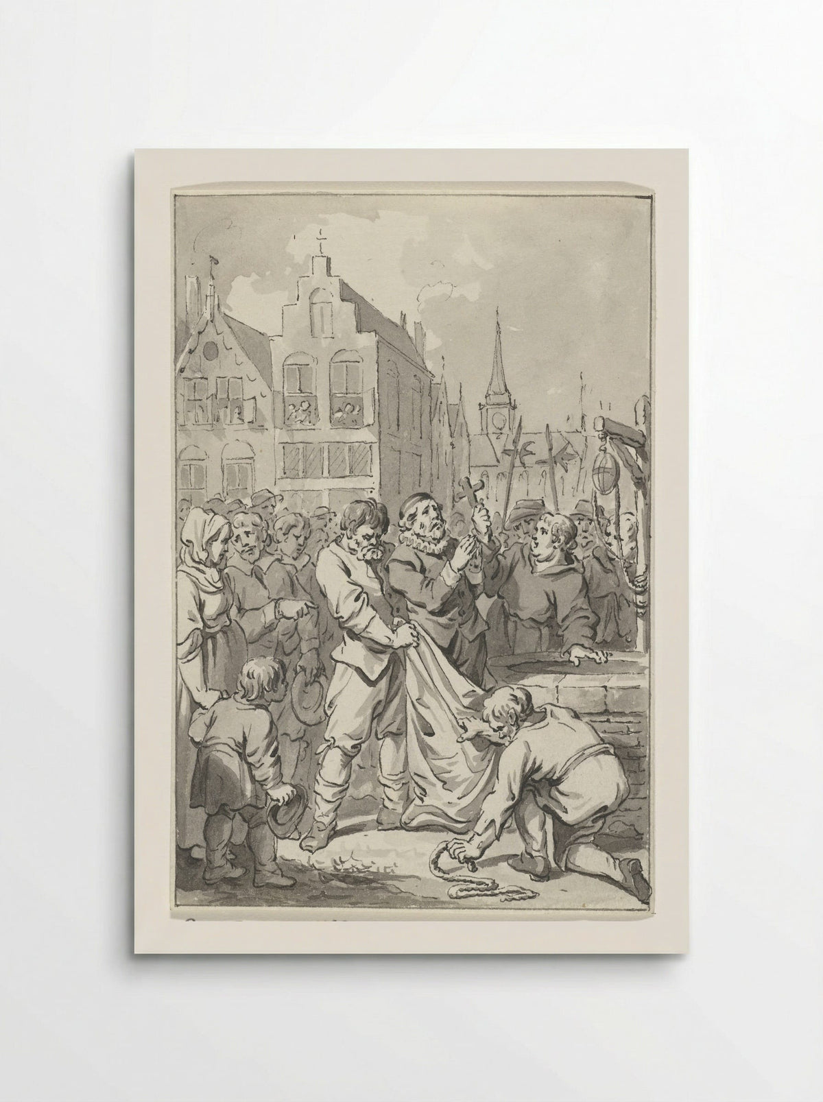 Predikant Johannes Florianus te Brussel als ketter in een zak gebonden en in een put geworpen, 1585 - Jacobus Buys - Poster