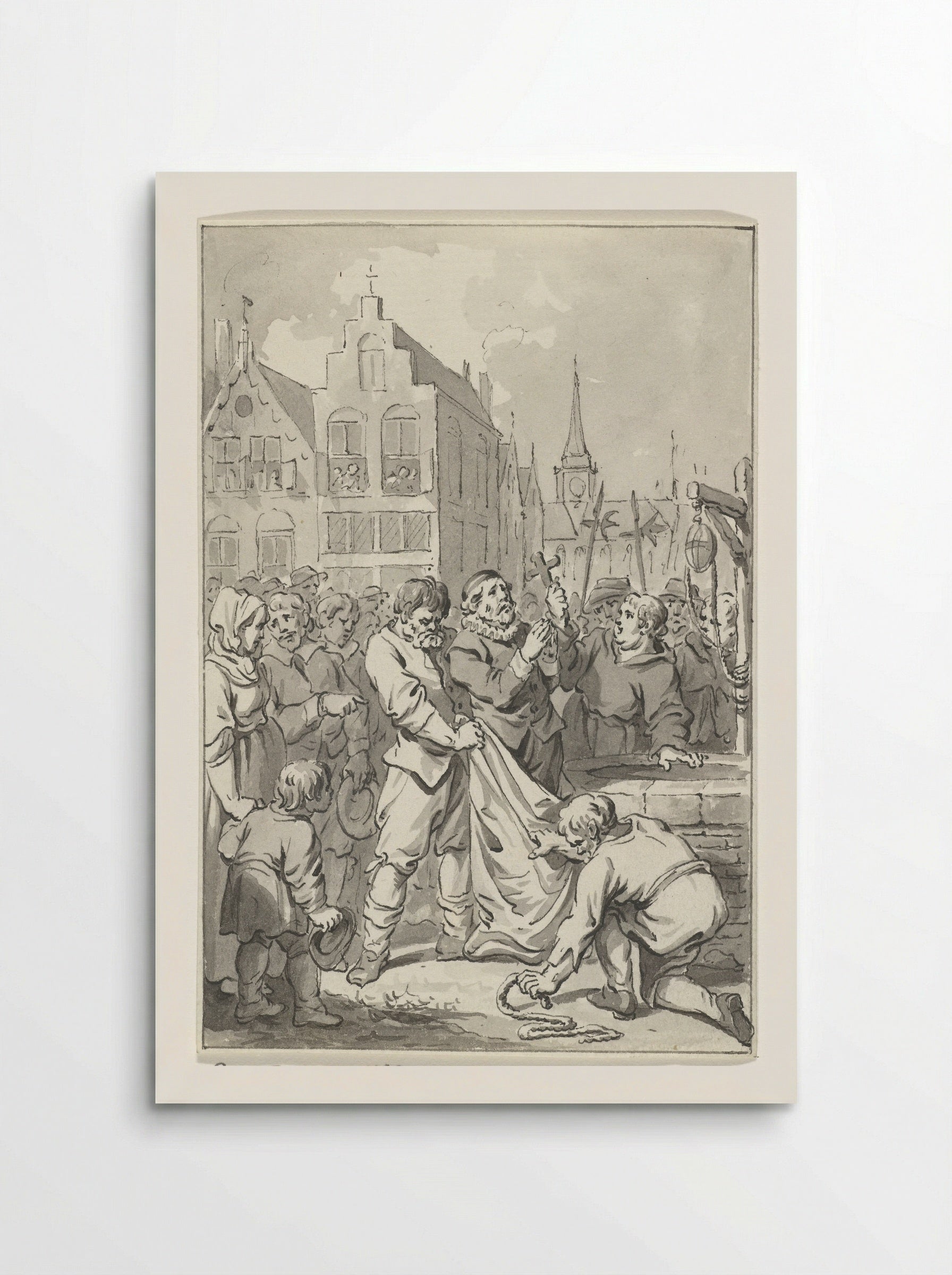 Predikant Johannes Florianus te Brussel als ketter in een zak gebonden en in een put geworpen, 1585 - Jacobus Buys - Poster