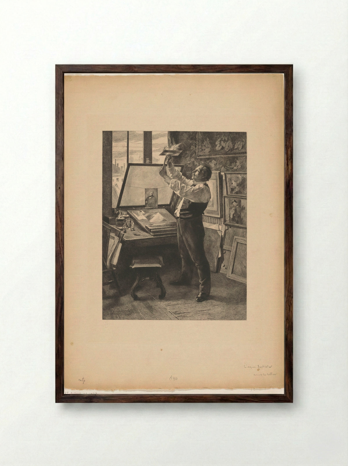 Prentmaker in zijn atelier - Achille Isidore Gilbert - Framed Print Dark Wood