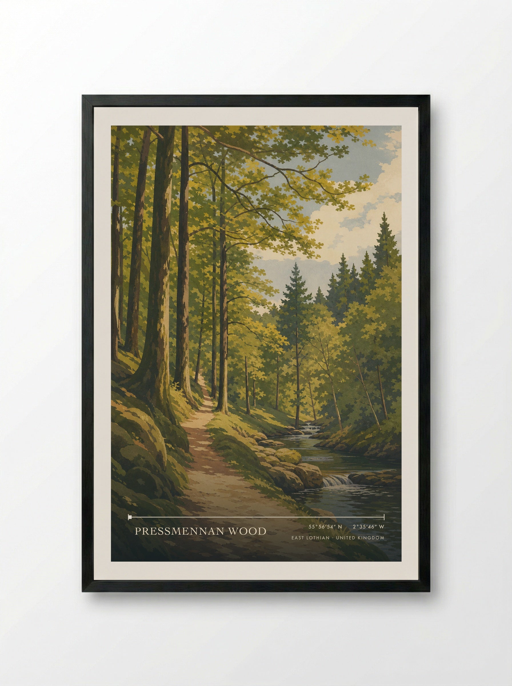 Pressmennan Wood East Lothian United Kingdom Travel Poster - Framed Print Black