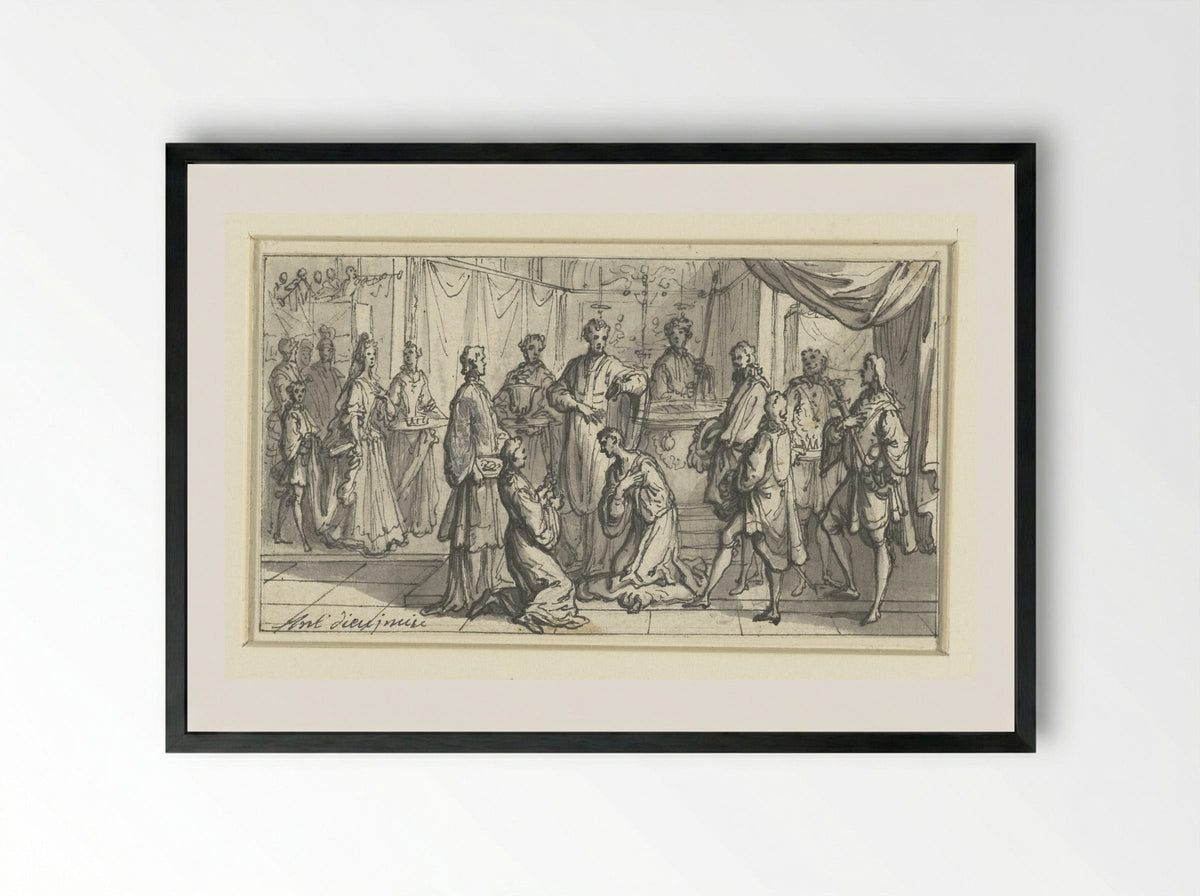 Priester zegent een knielende vorst - Antoine Dieu - Framed Print Black