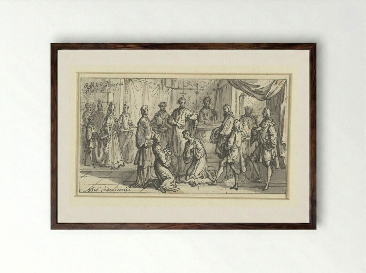 Priester zegent een knielende vorst - Antoine Dieu - Framed Print Dark Wood