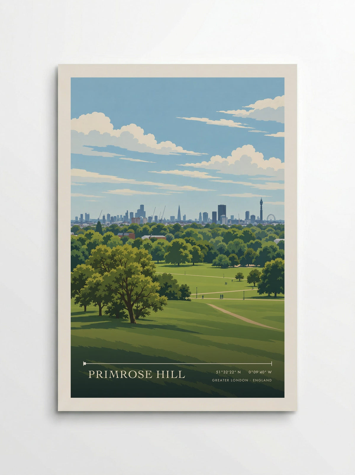 Primrose Hill, Greater London travel poster: an open green slope, leafy parkland and distant towers beneath a wide blue sky flecked with white clouds