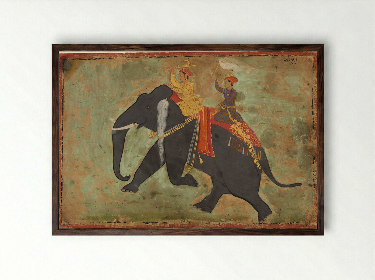 Prince Amar Singh Drives His Own Elephant - Mewar Stipple Master - Framed Print Dark Wood