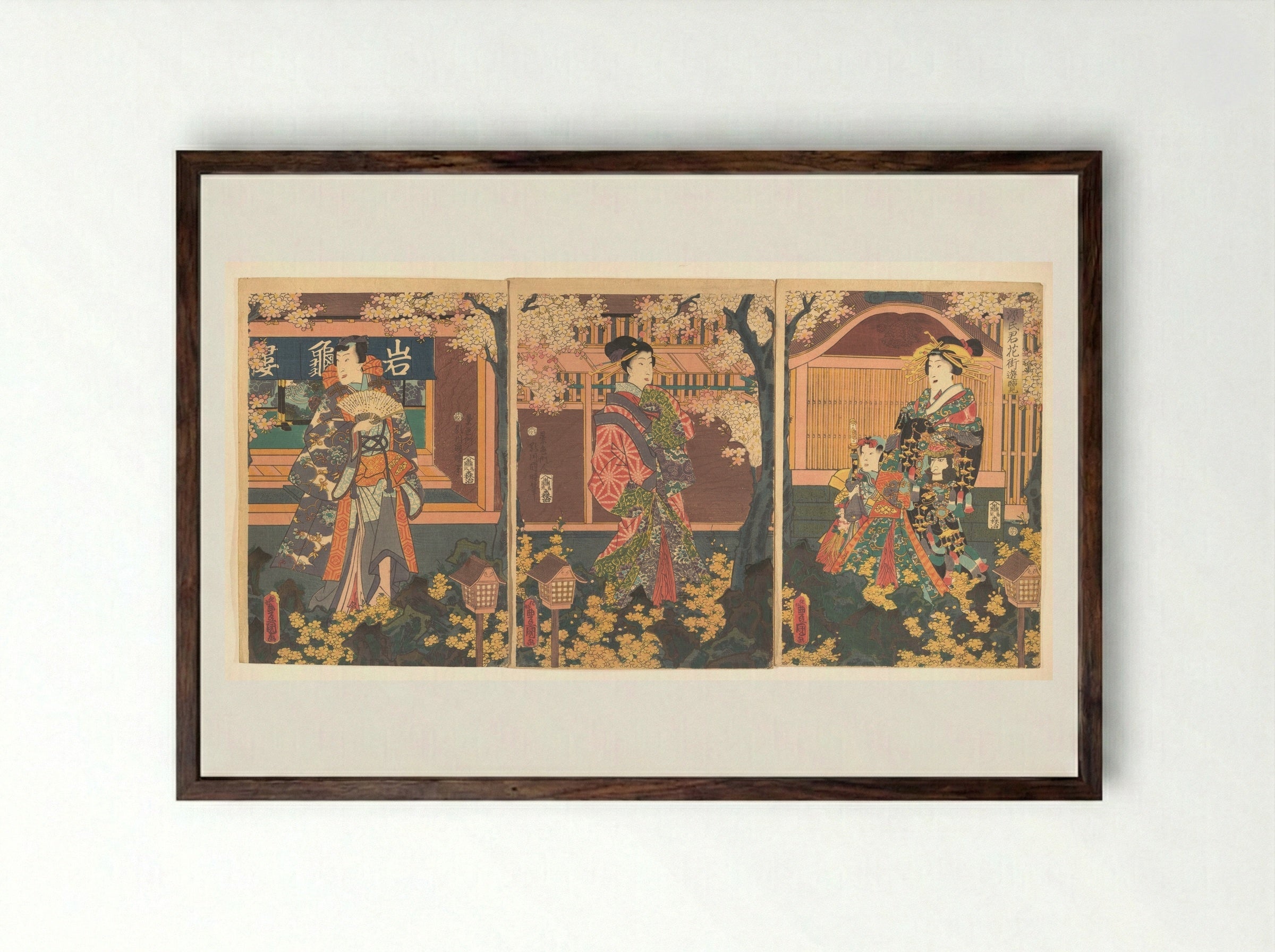 Prince Genji Visits the Gankirō Tea House - Utagawa Kunisada - Framed Print Dark Wood