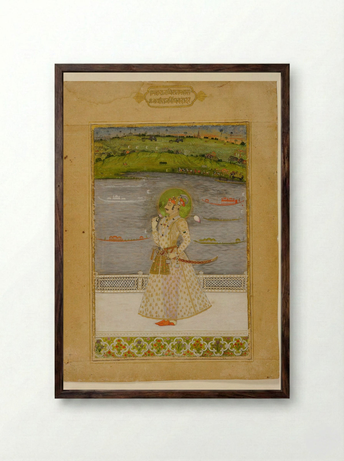 Prince Padam Singh of Bikaner with His Bard Gordhar on a Terrace at Night - Bhavani Das - Framed Print Dark Wood