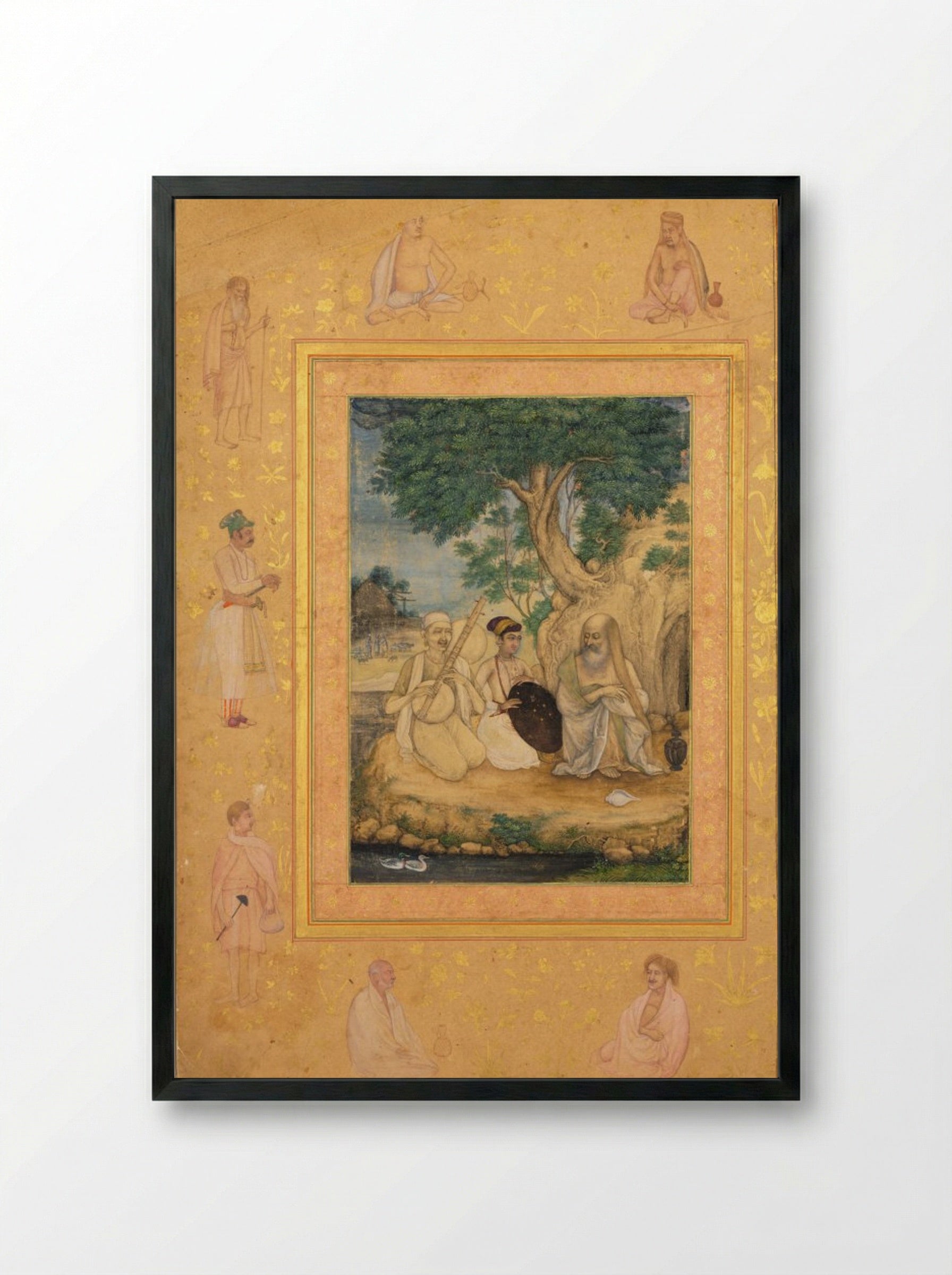 Prince and ascetics, from the Late Shah Jahan Album - Govardhan - Framed Print Black