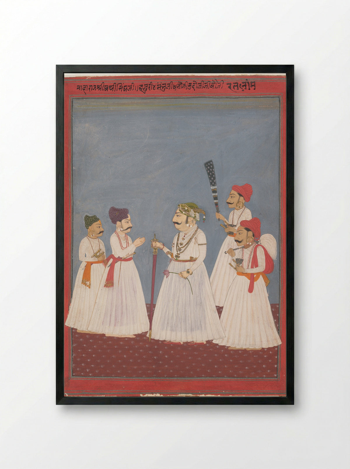 Prince with Four Attendants (Sri Prathi Singh of Ratlam) - Unknown Rajasthani Artist - Framed Print Black