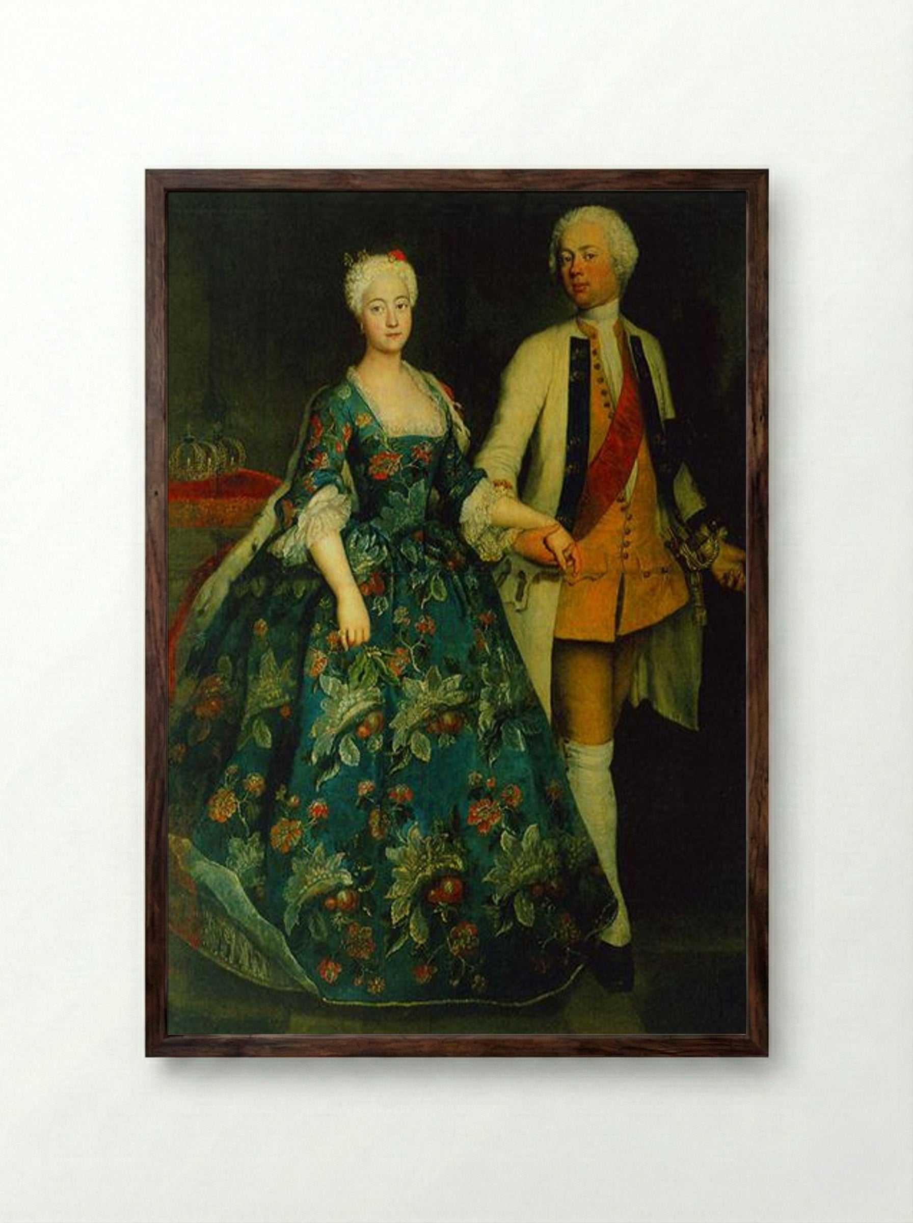 Princess Sophie Dorothea Marie with her husband, Frederick William, Margrave of Brandenburg-Schwedt - Antoine Pesne - Framed Print Dark Wood