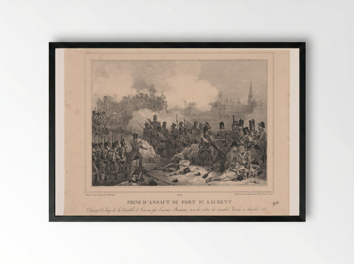Prise d'assaut du Fort St Laurent - Gustave Adolphe Simonau - Framed Print Black