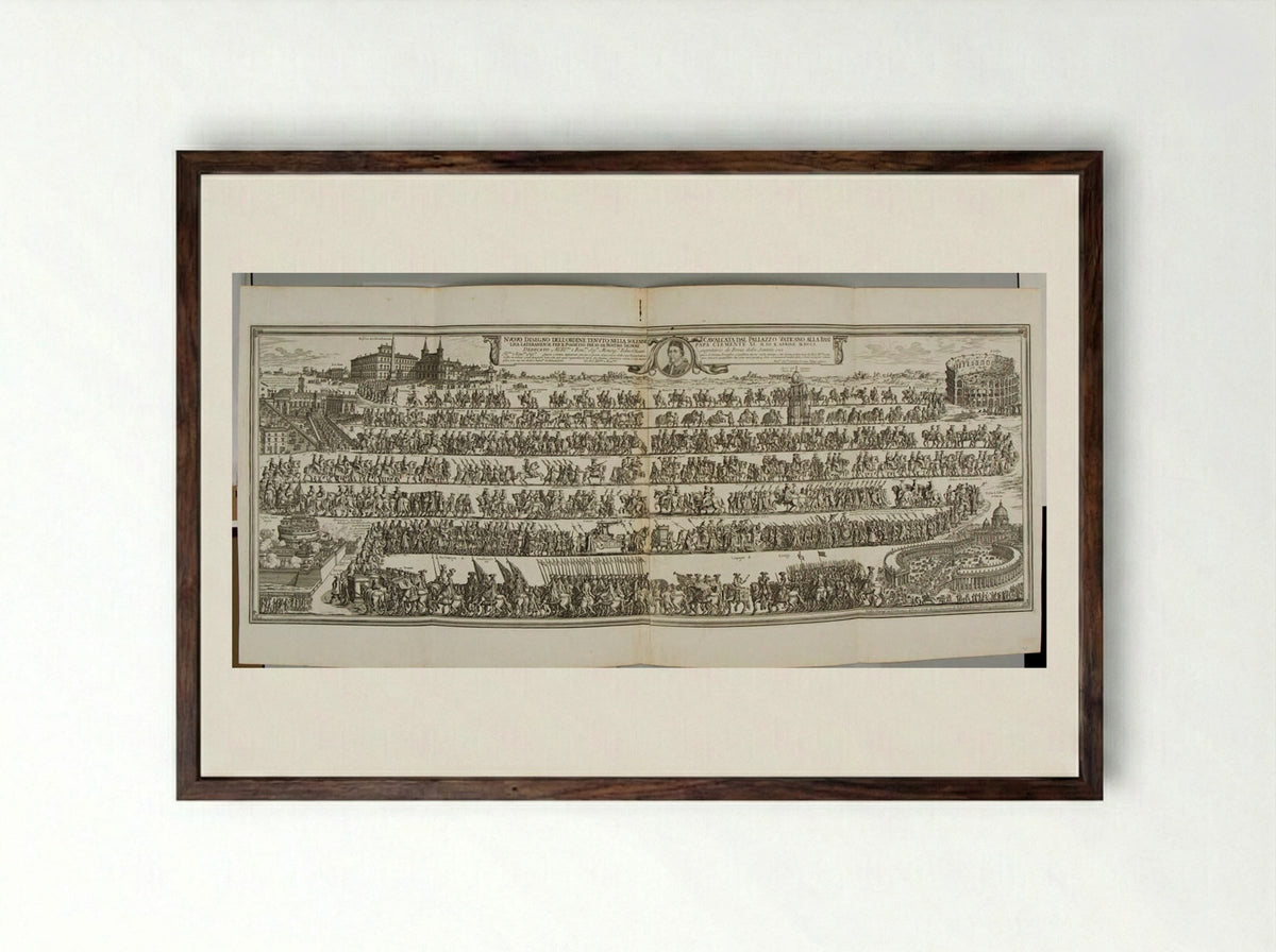 Procession of Pope Clement XI to Saint John Lateran - Giovanni Battista Falda - Framed Print Dark Wood