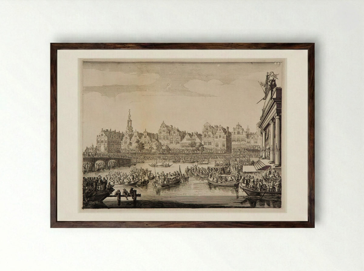 Procession of the Rokin with the Theater on the Island at Right - Salomon Savery - Framed Print Dark Wood