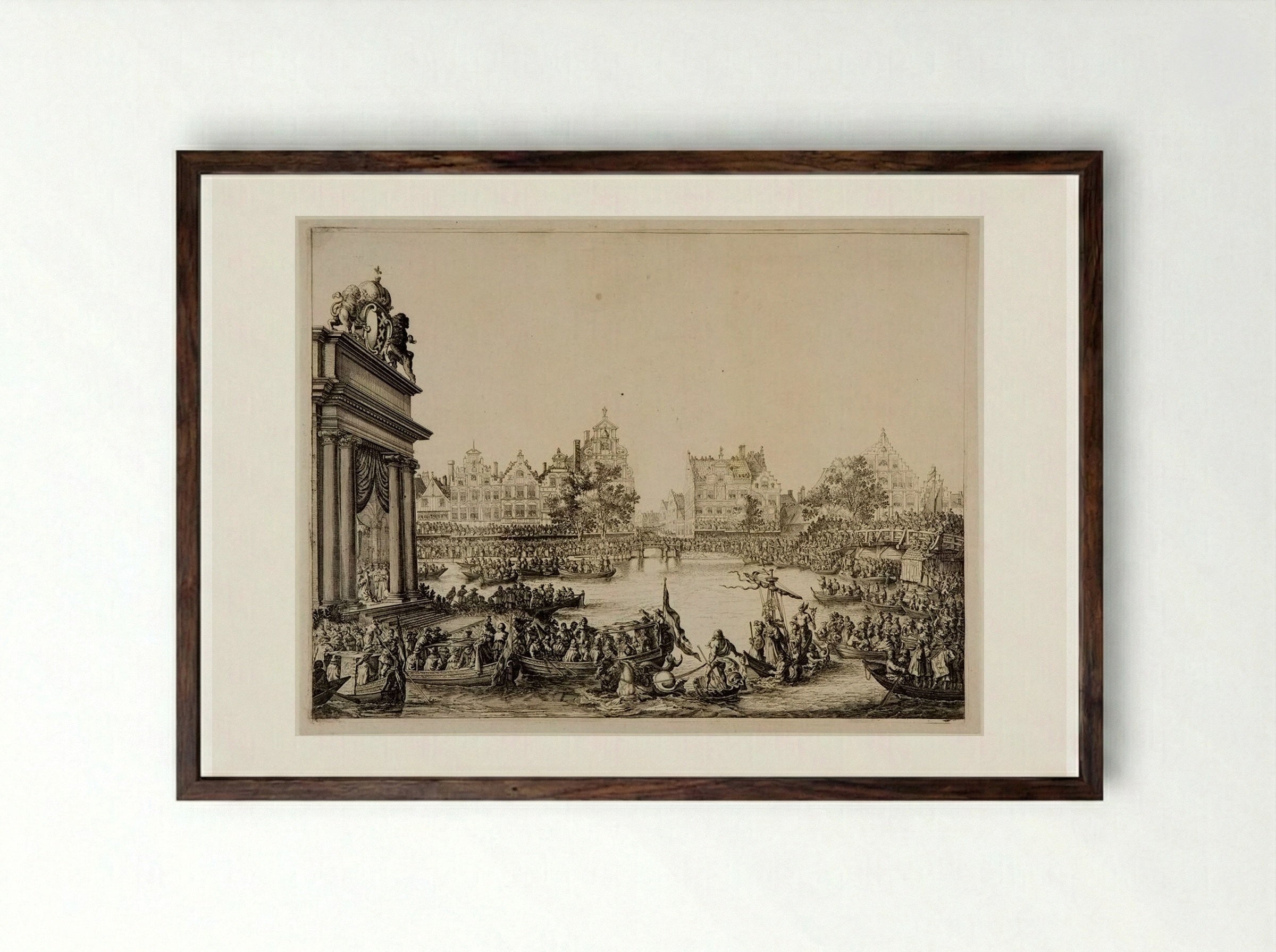 Procession on the Amstel with a Triumphal Arch on the Island at Left - Salomon Savery - Framed Print Dark Wood
