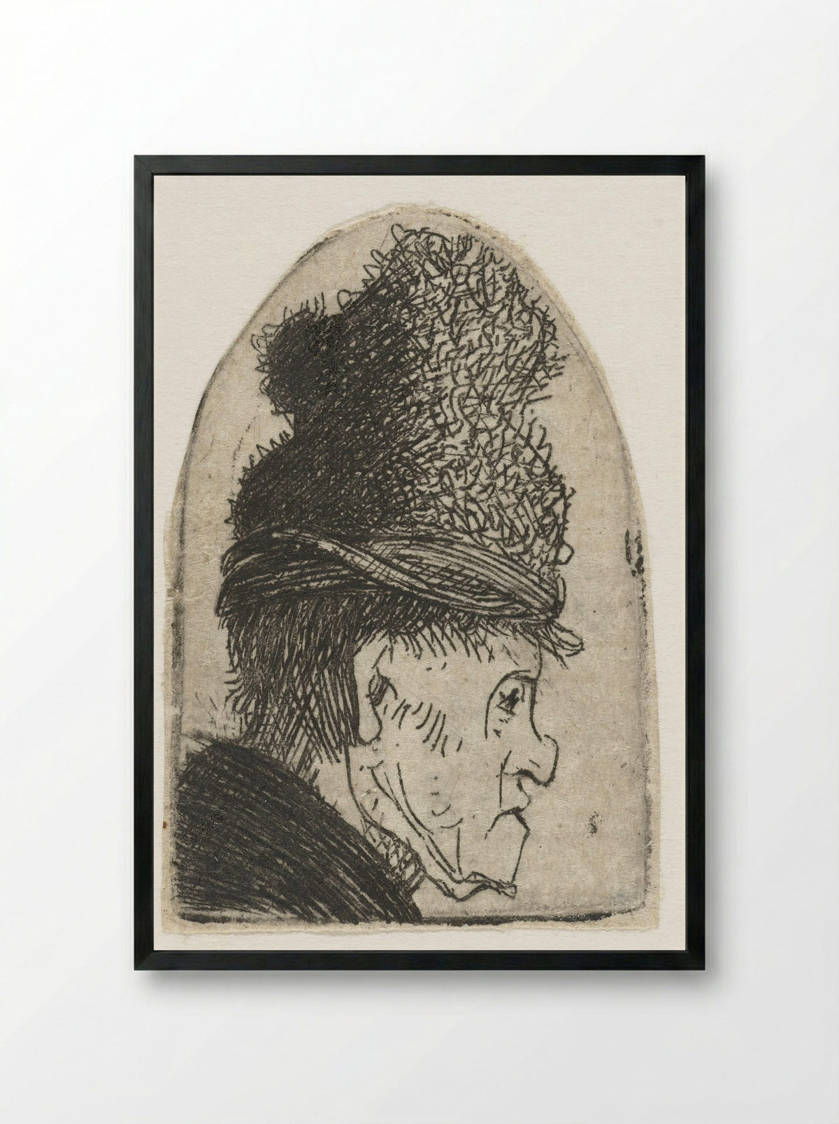 Profile of a Man in a High Hat - Rembrandt van Rijn - Framed Print Black