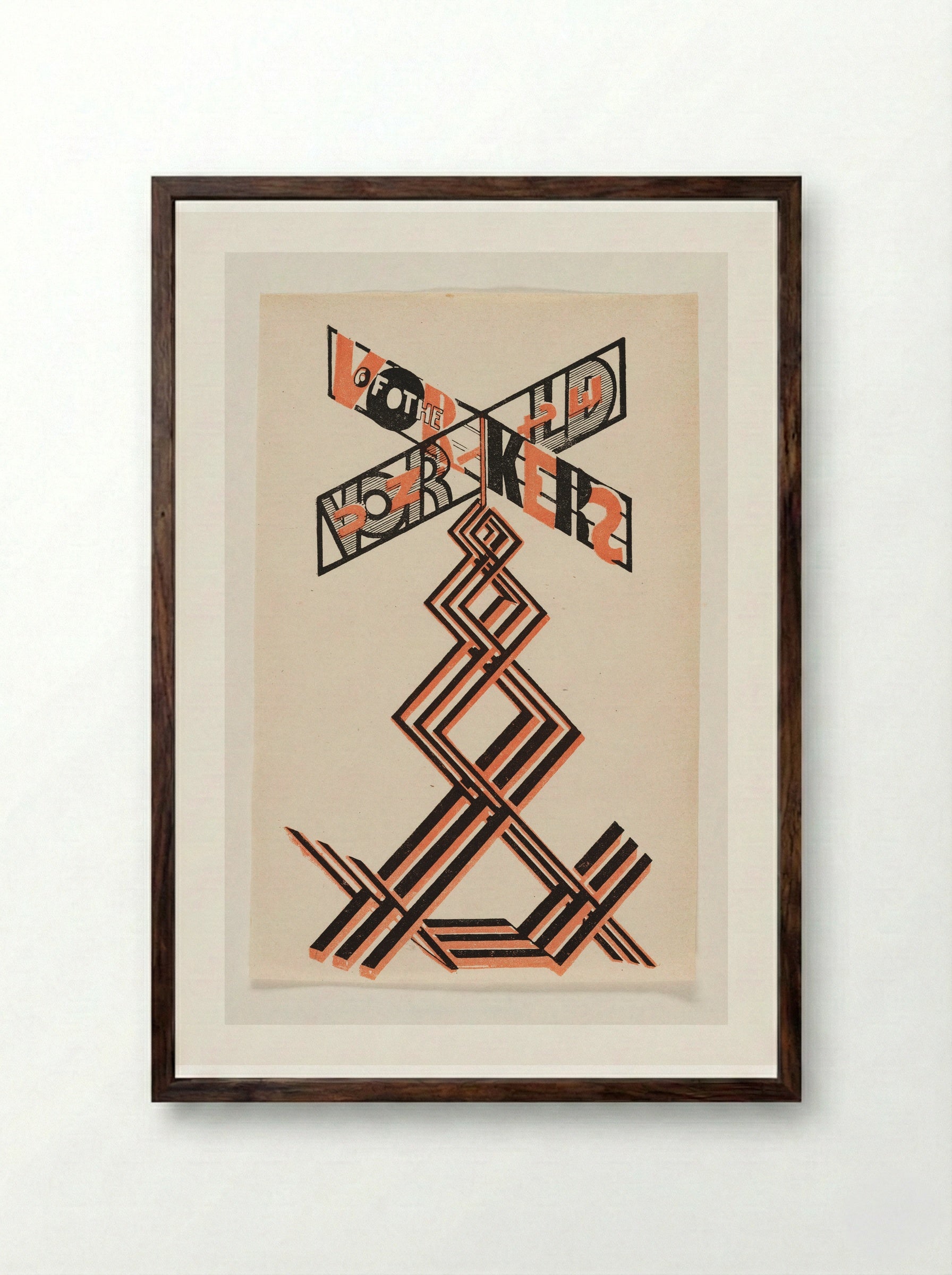 Project for an Agitational Construction for the Fourth Congress of the Comintern: Workers of the World Unite - Gustavs Klucis - Framed Print Dark Wood