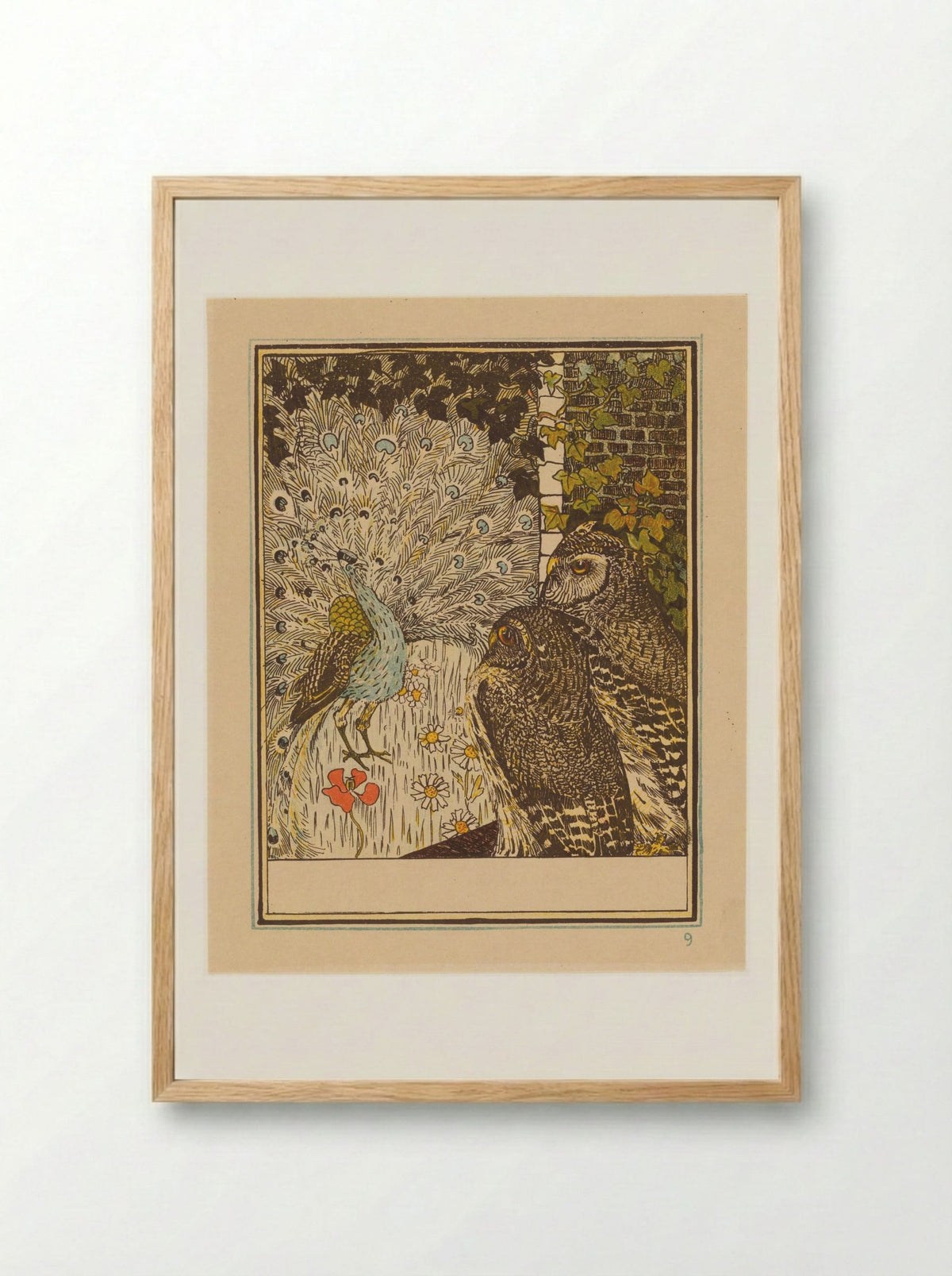 Pronkende pauw en twee uilen - Theo van Hoytema - Framed Print Wood