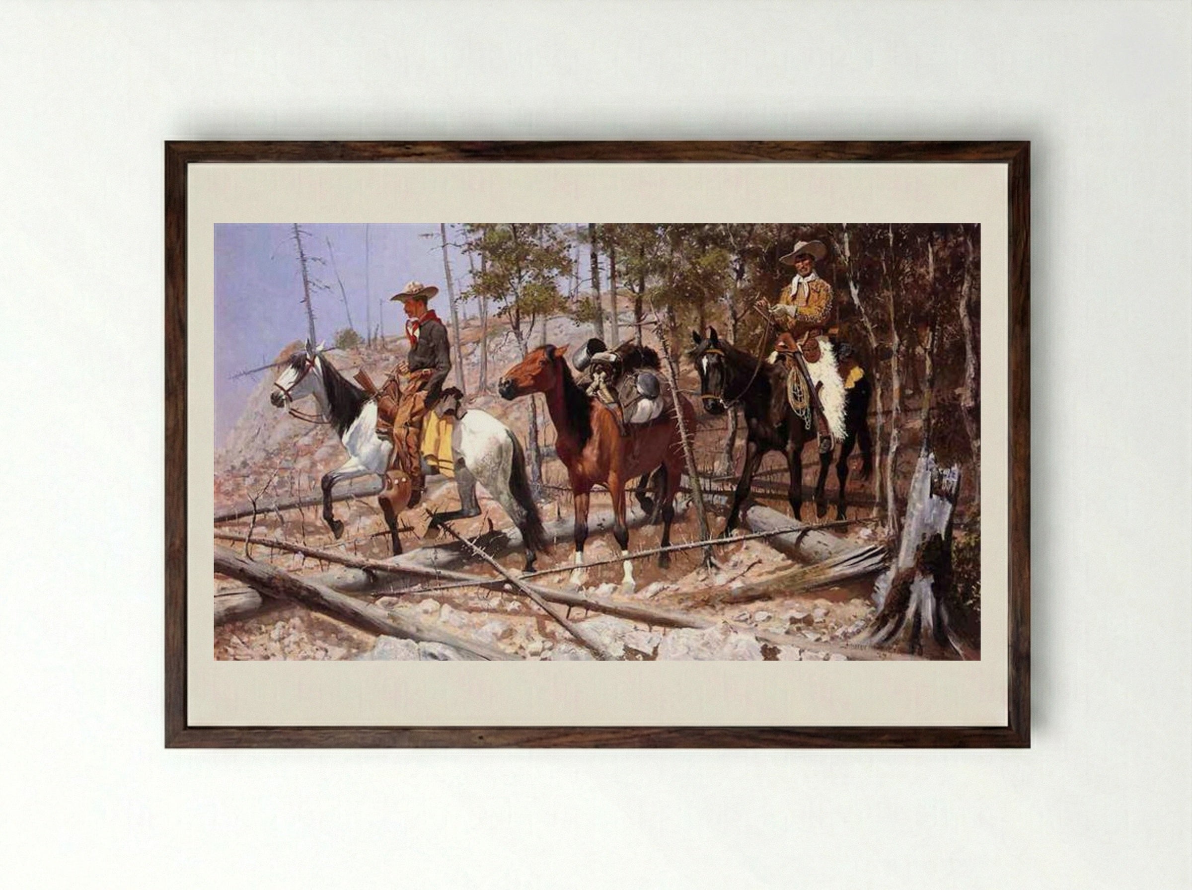 Prospecting for Cattle Range - Frederic Remington - Framed Print Dark Wood