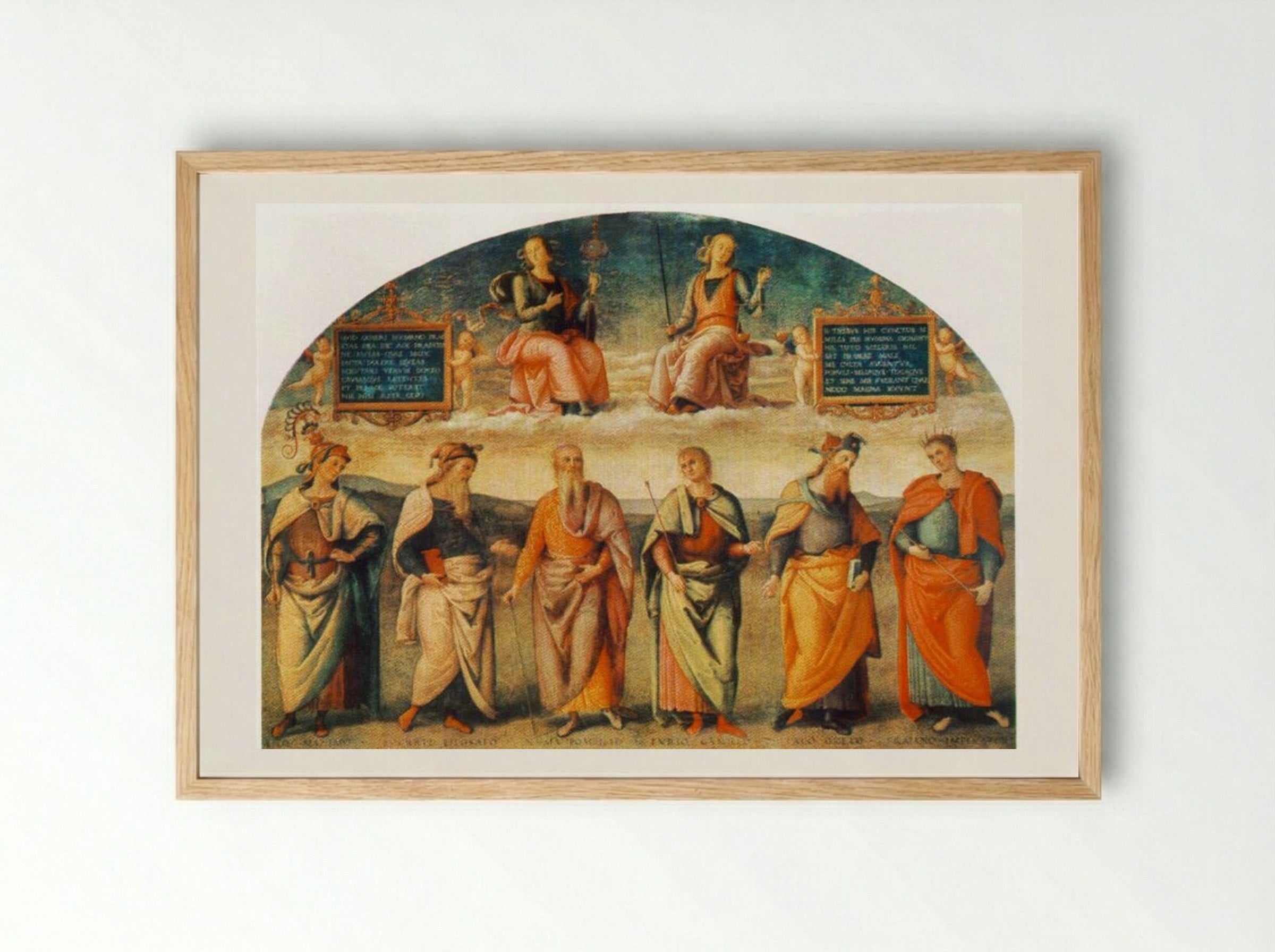 Prudence and Justice with Six Antique Wisemen - Pietro Perugino - Framed Print Wood