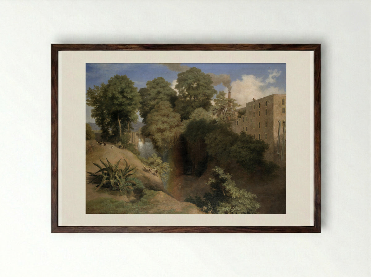 Puente rústico en el río San Ángel - José María Velasco - Framed Print Dark Wood