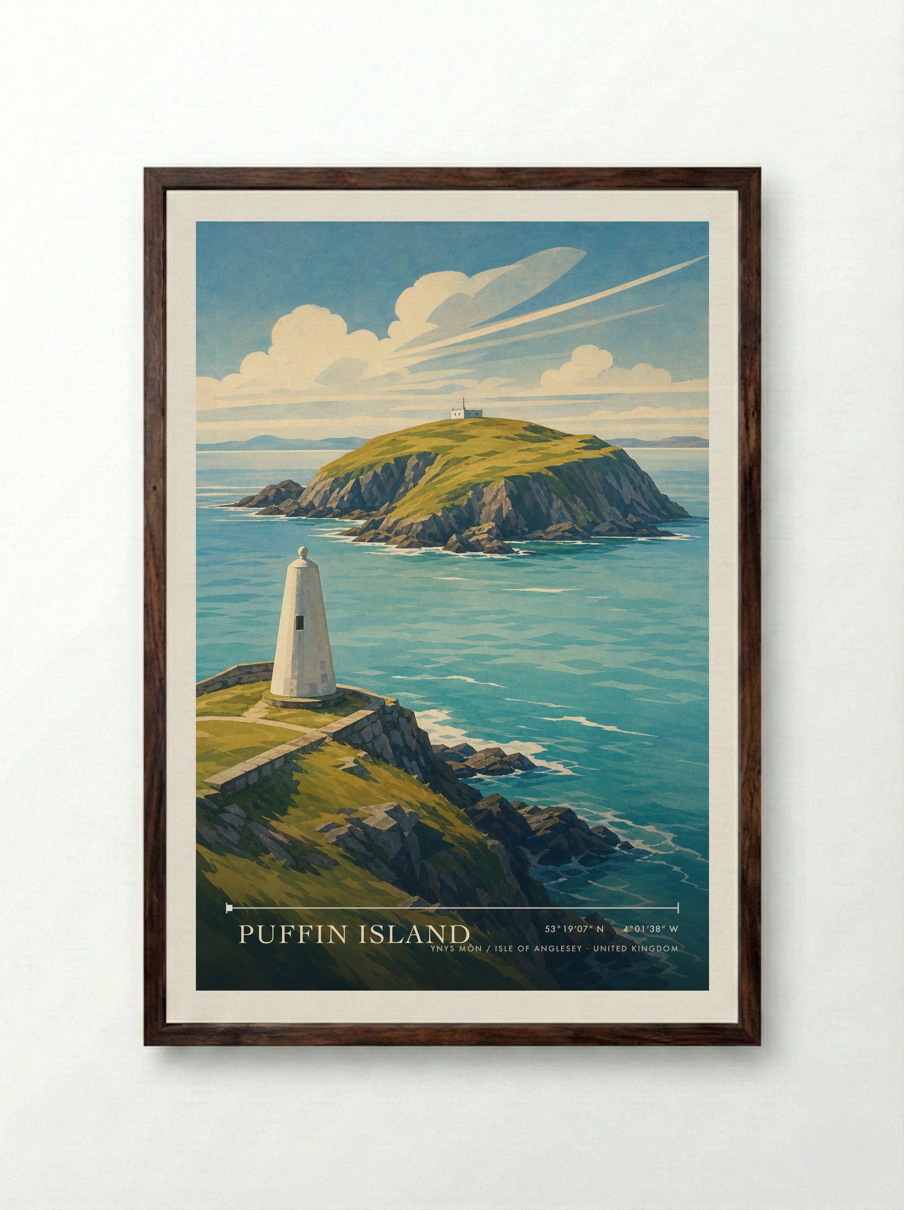 Puffin Island Ynys Môn / Isle of Anglesey United Kingdom Travel Poster - Framed Print Dark Wood