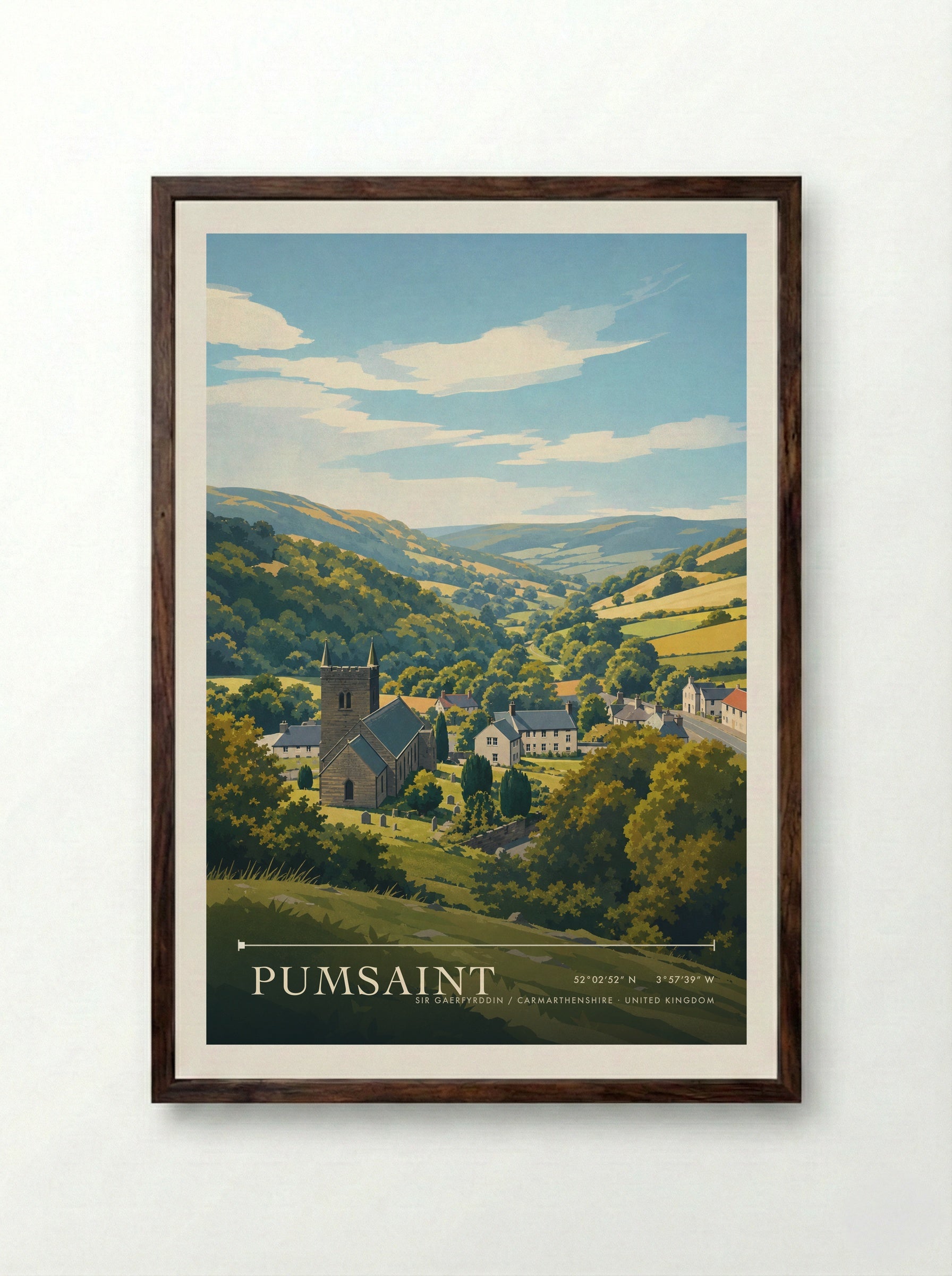 Pumsaint Sir Gaerfyrddin / Carmarthenshire United Kingdom Travel Poster - Framed Print Dark Wood