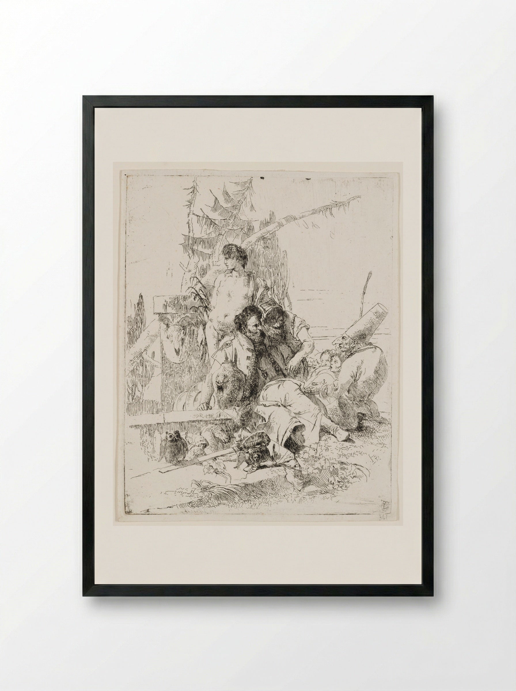 Punchinello Talking to Two Magicians - Giovanni Battista Tiepolo - Framed Print Black