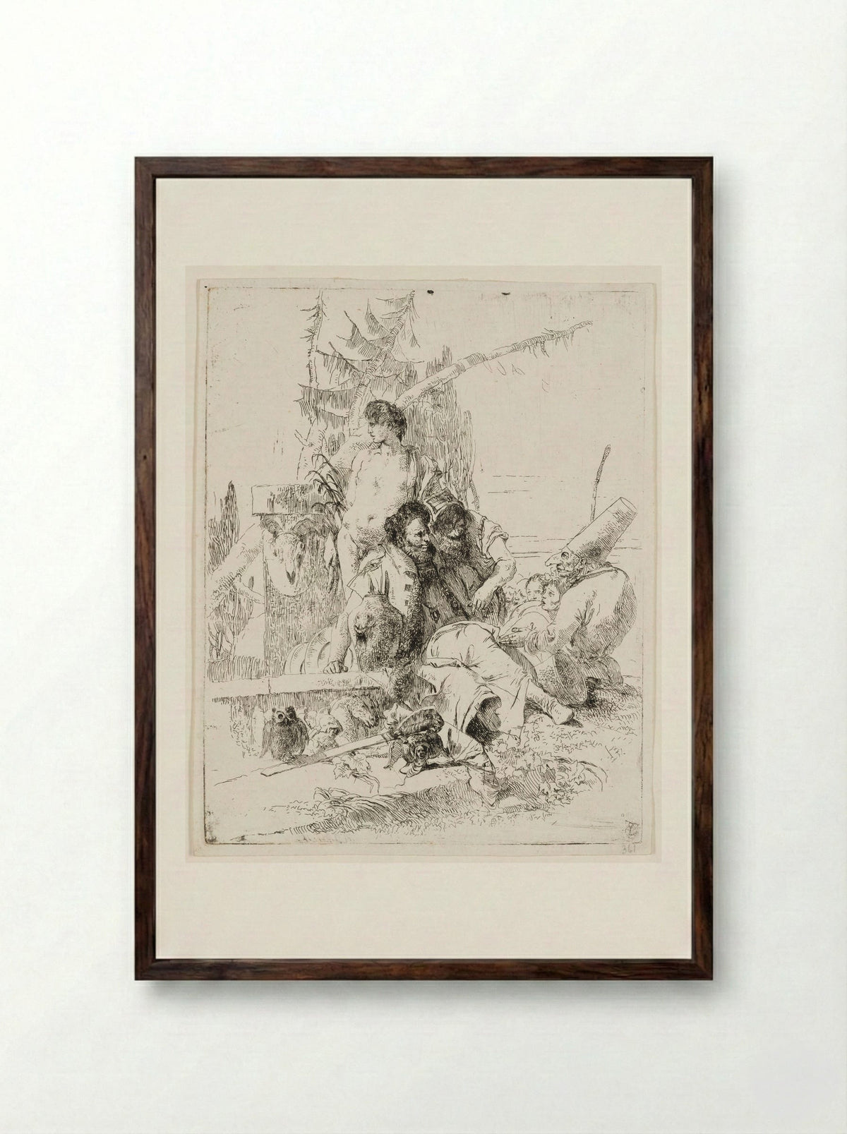 Punchinello Talking to Two Magicians - Giovanni Battista Tiepolo - Framed Print Dark Wood