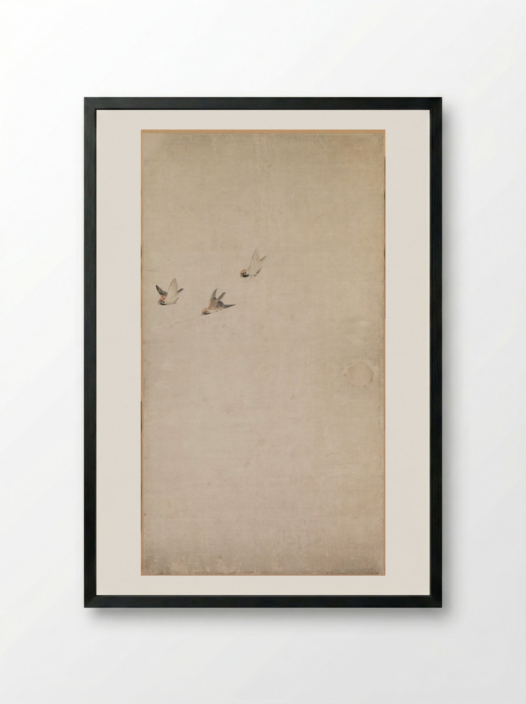 Puppies, Sparrows, and Chrysanthemums - Nagasawa Rosetsu - Framed Print Black