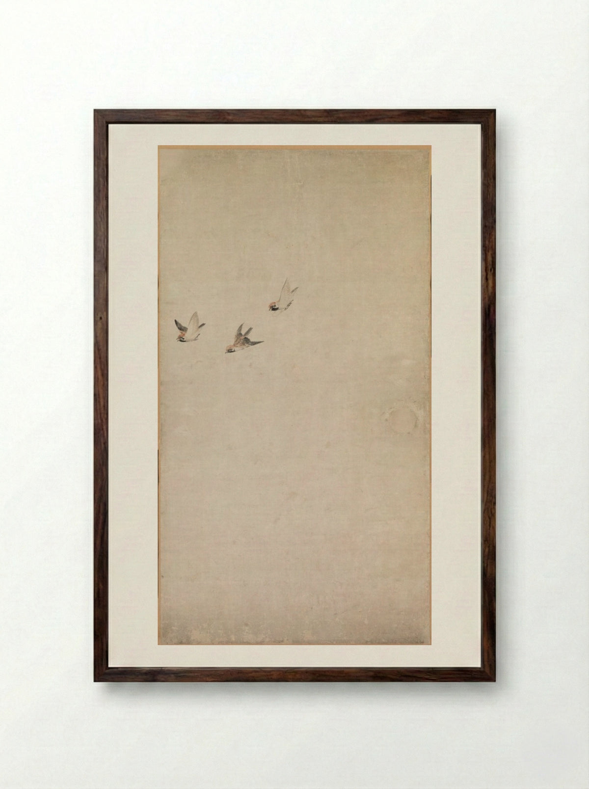 Puppies, Sparrows, and Chrysanthemums - Nagasawa Rosetsu - Framed Print Dark Wood