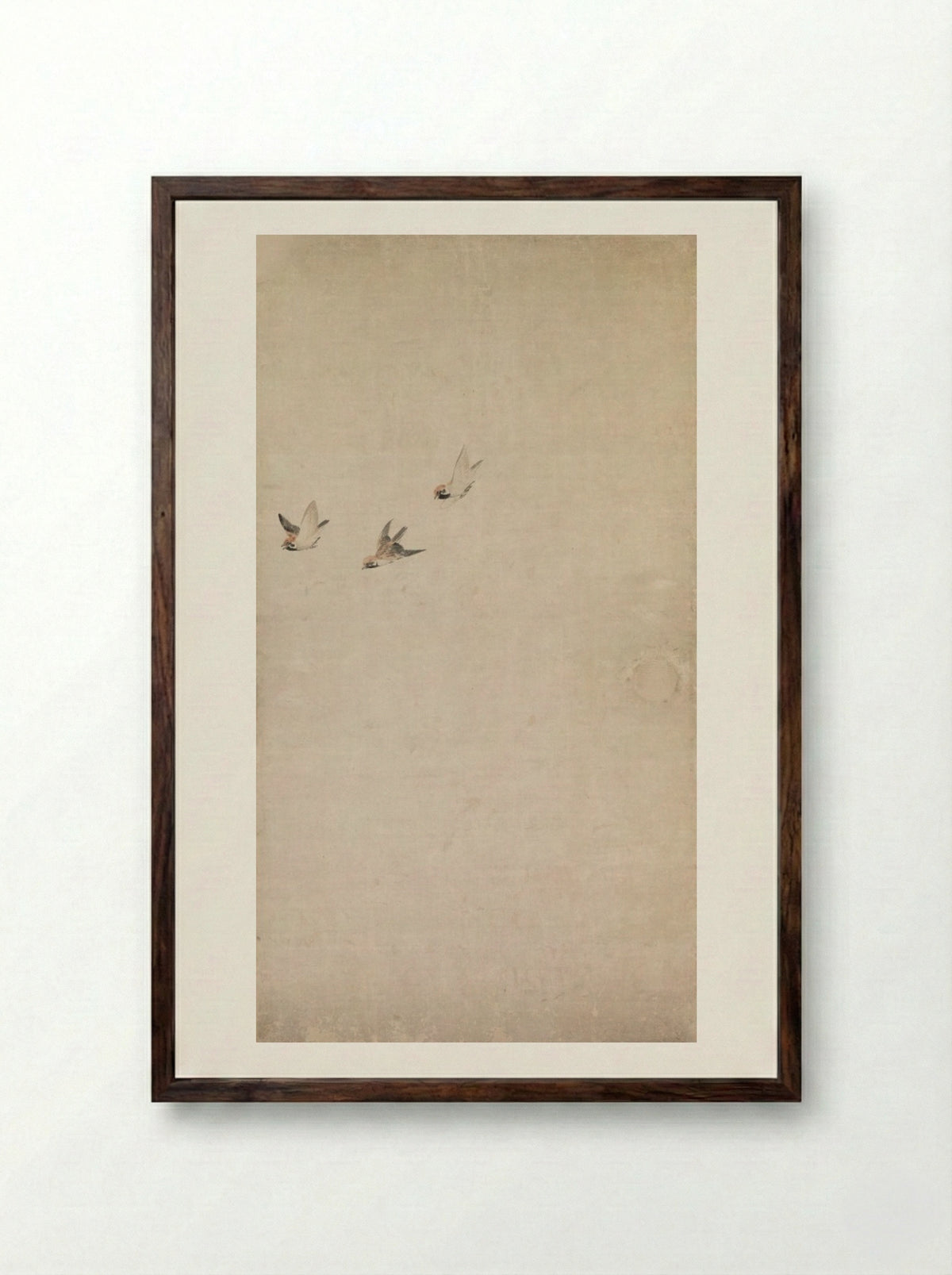 Puppies, Sparrows, and Chrysanthemums - Nagasawa Rosetsu - Framed Print Dark Wood