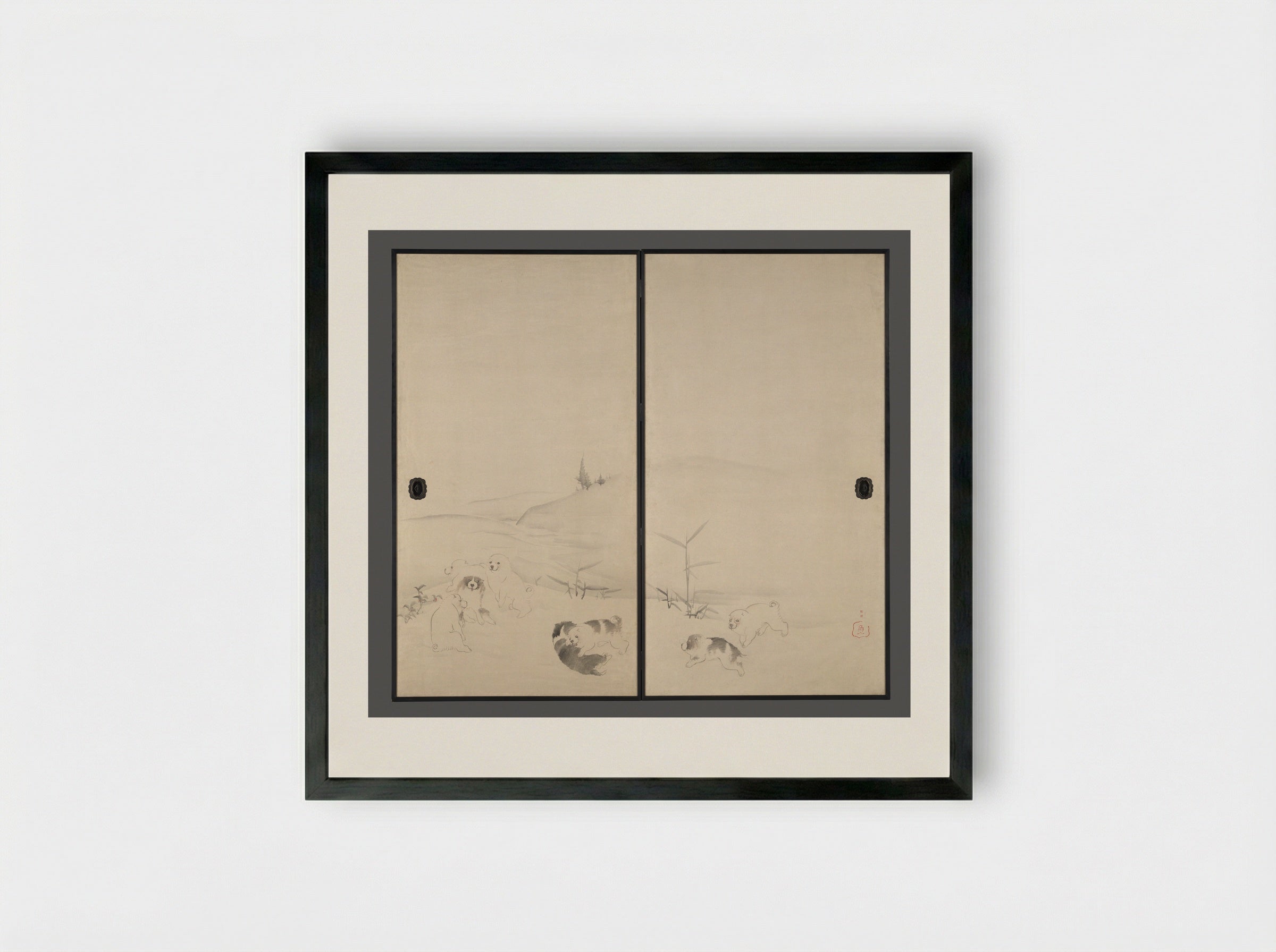 Puppies in the Snow - Nagasawa Rosetsu - Framed Print Black