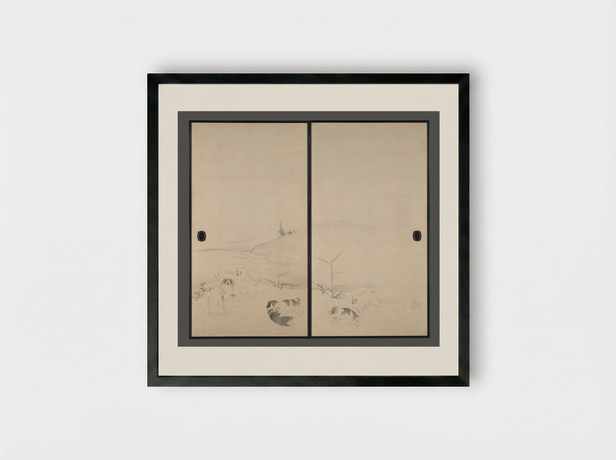 Puppies in the Snow - Nagasawa Rosetsu - Framed Print Black