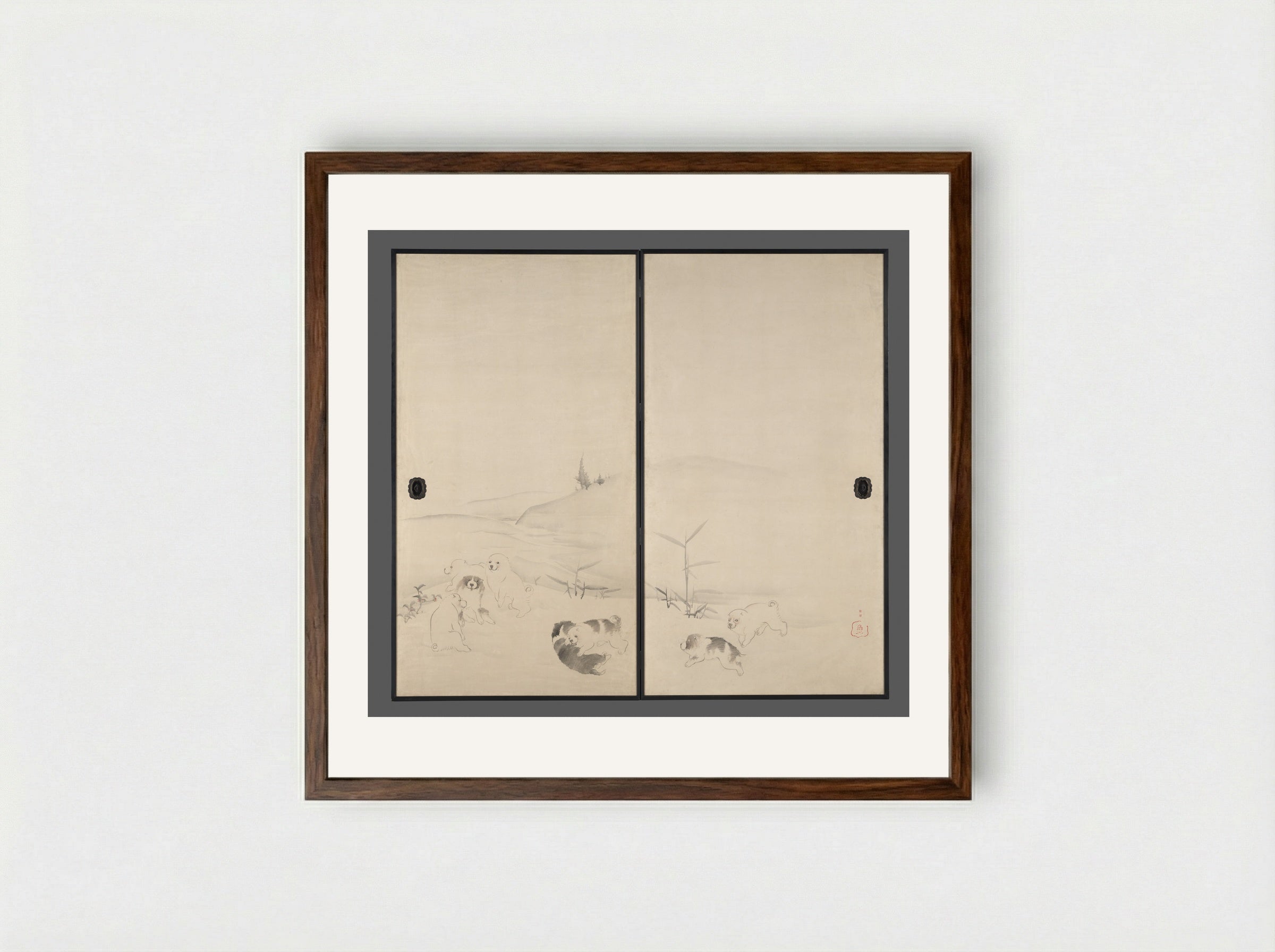 Puppies in the Snow - Nagasawa Rosetsu - Framed Print Dark Wood