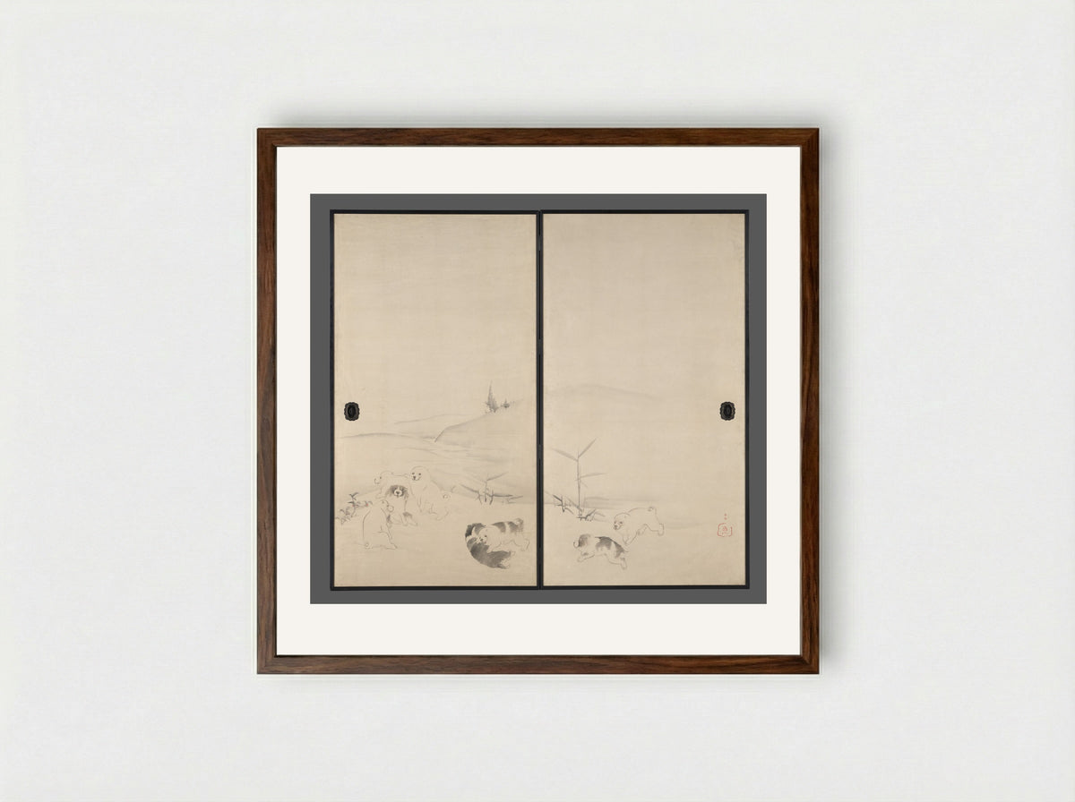 Puppies in the Snow - Nagasawa Rosetsu - Framed Print Dark Wood
