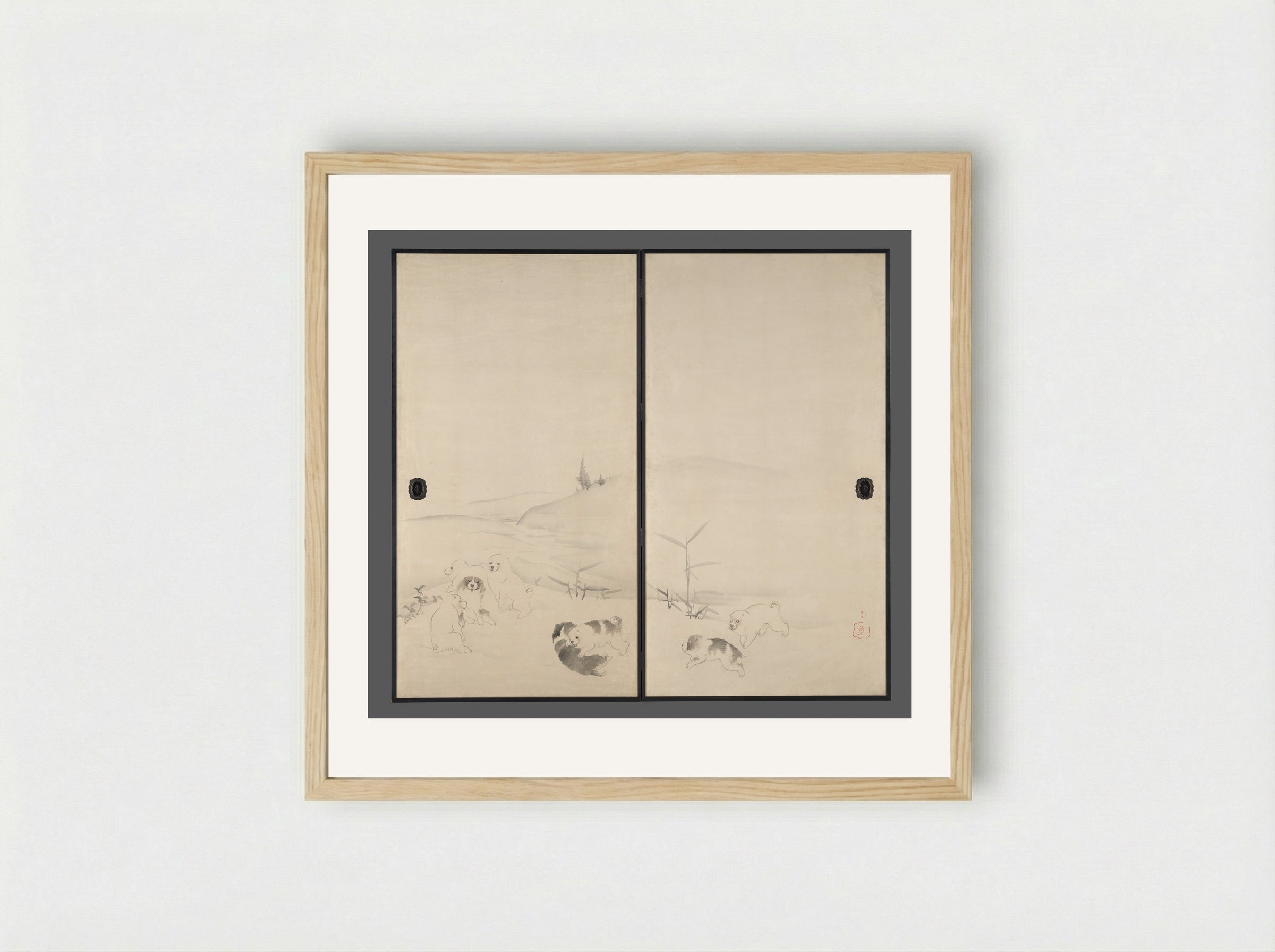 Puppies in the Snow - Nagasawa Rosetsu - Framed Print Wood