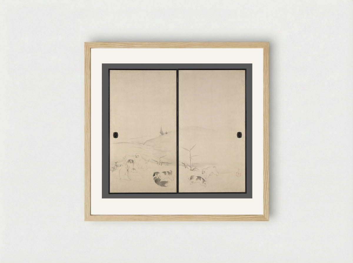Puppies in the Snow - Nagasawa Rosetsu - Framed Print Wood