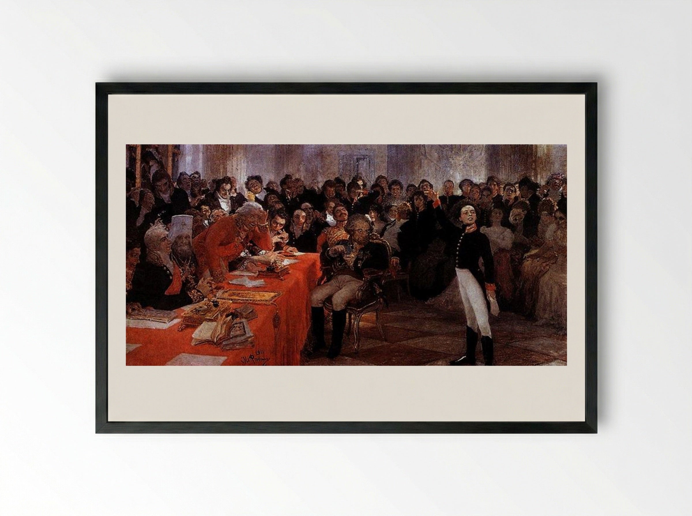 Pushkin Reciting His Poem at the Lyceum - Ilya Repin - Framed Print Black
